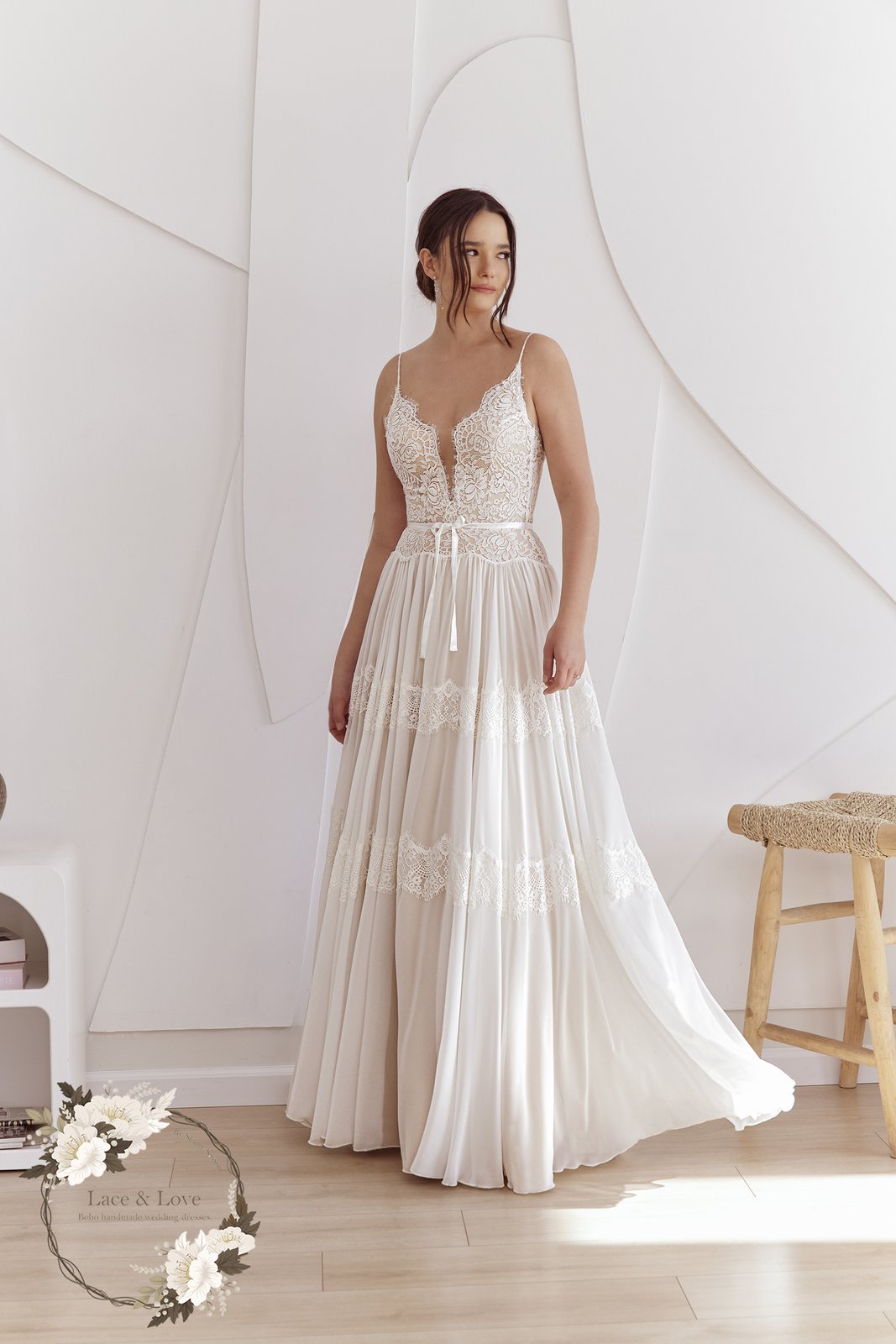 Tiered chiffon boho A-line wedding dress, a key 2026 bridal trend, made to measure by Lace & Love