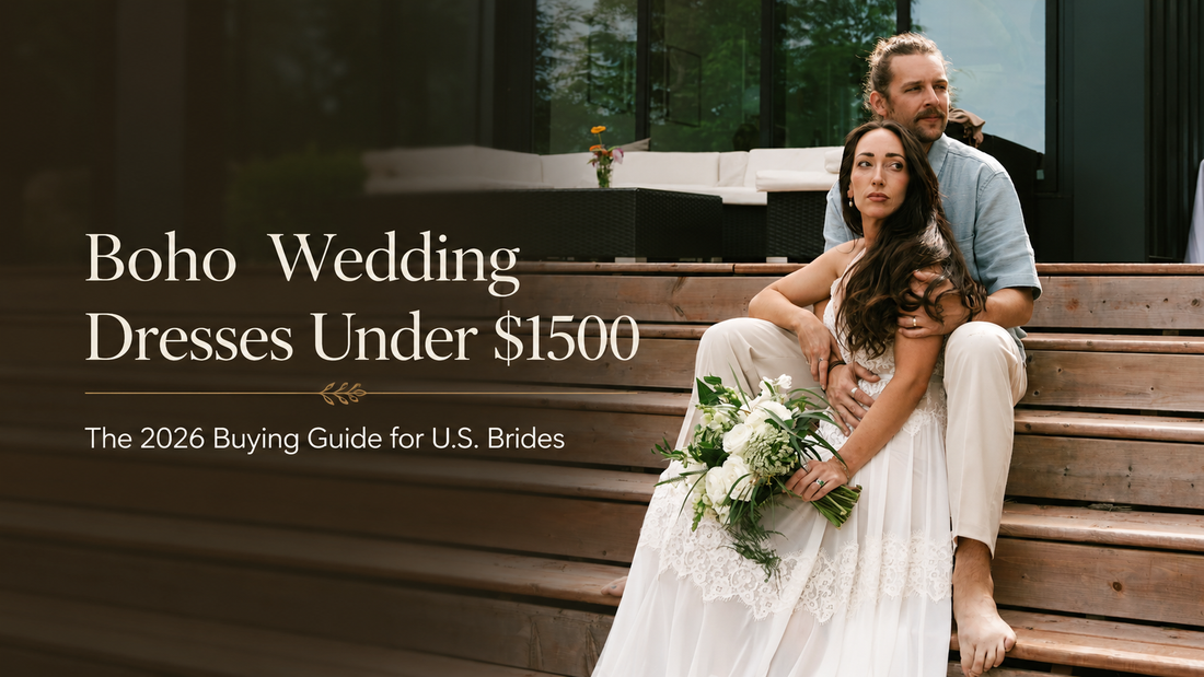 Real bride wearing a boho lace wedding dress under $1500, featured in the 2026 buying guide for U.S. brides.