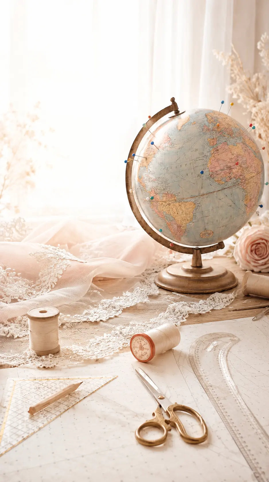 Vintage globe with lace fabric, sewing tools and bridal design sketches