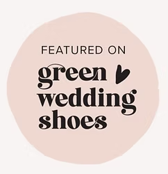 Featured on Green Wedding Shoes badge with black typography on a soft blush circle background.