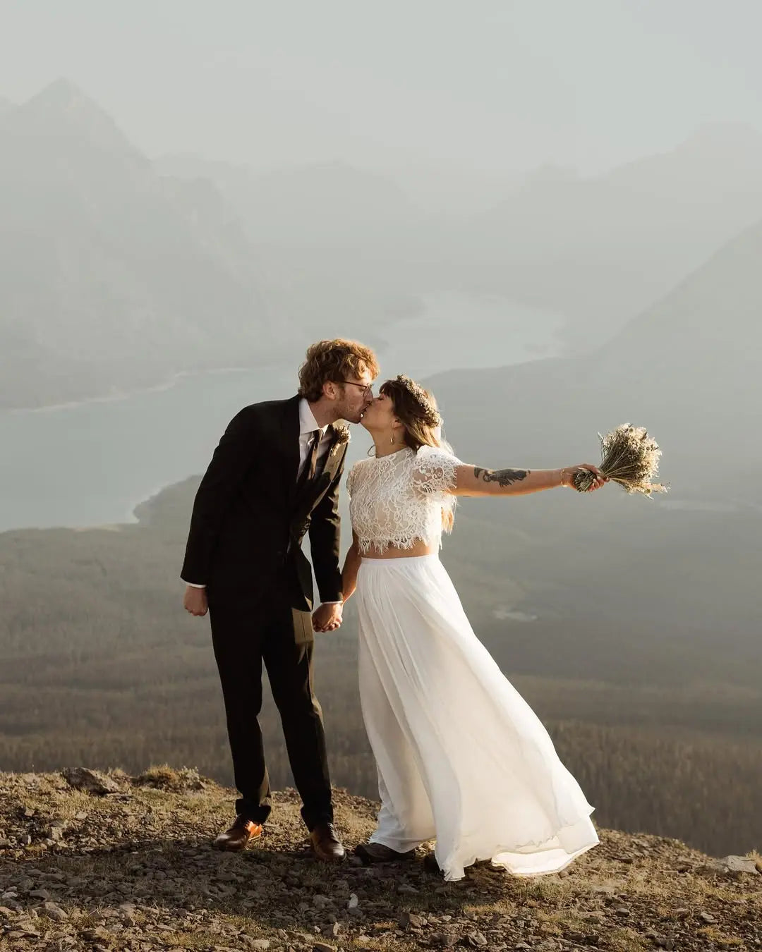 Real bride in a boho two piece lace wedding dress at a mountain elopement, made to measure by Lace & Love