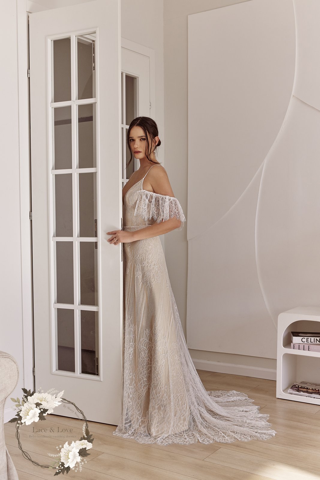 Vintage boho lace wedding dress with off-shoulder flutter sleeves, made to measure by Lace & Love