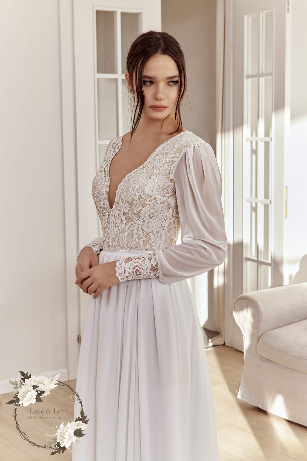 Ana Gown, Long Sleeve Boho Lace Wedding Dress with Open Back, Made to Measure | Lace & Love by Shany Sasson