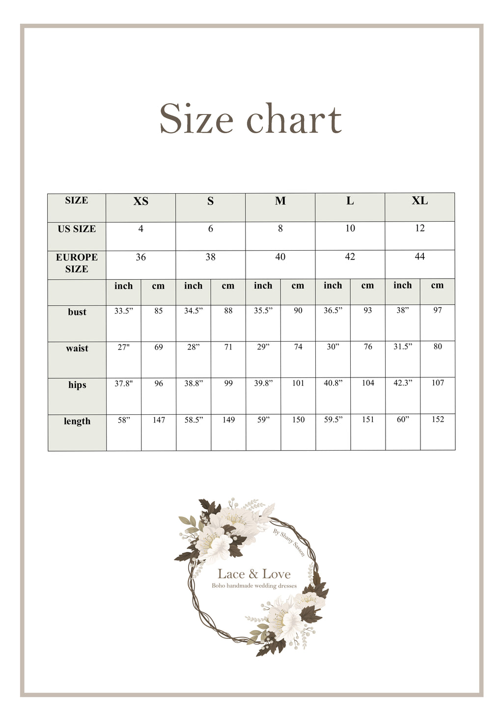 Size chart for the Ana Gown long sleeve, made-to-measure boho wedding dress by Lace & Love