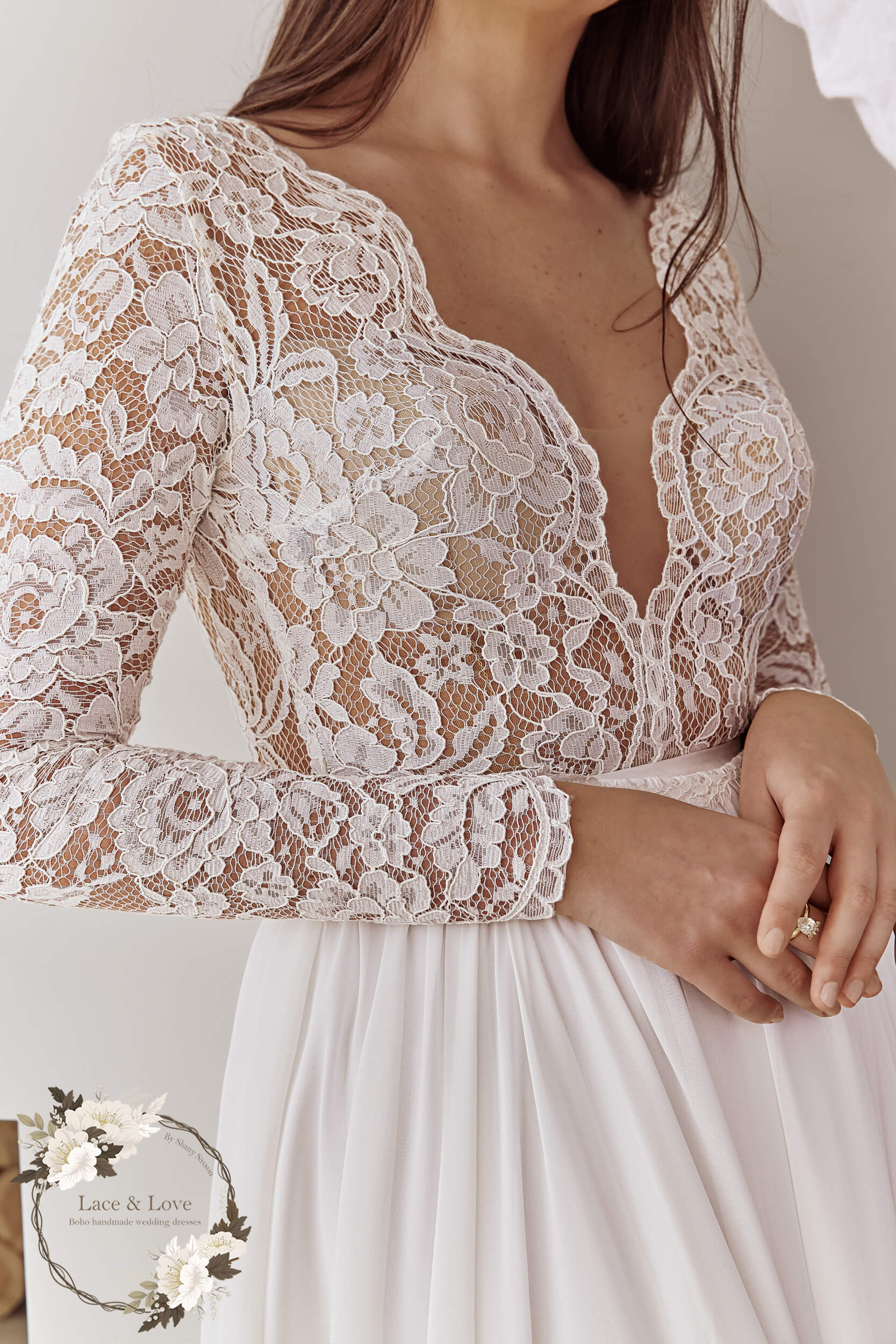Anya Gown, long sleeve vintage lace boho wedding dress by Lace & Love - view 3