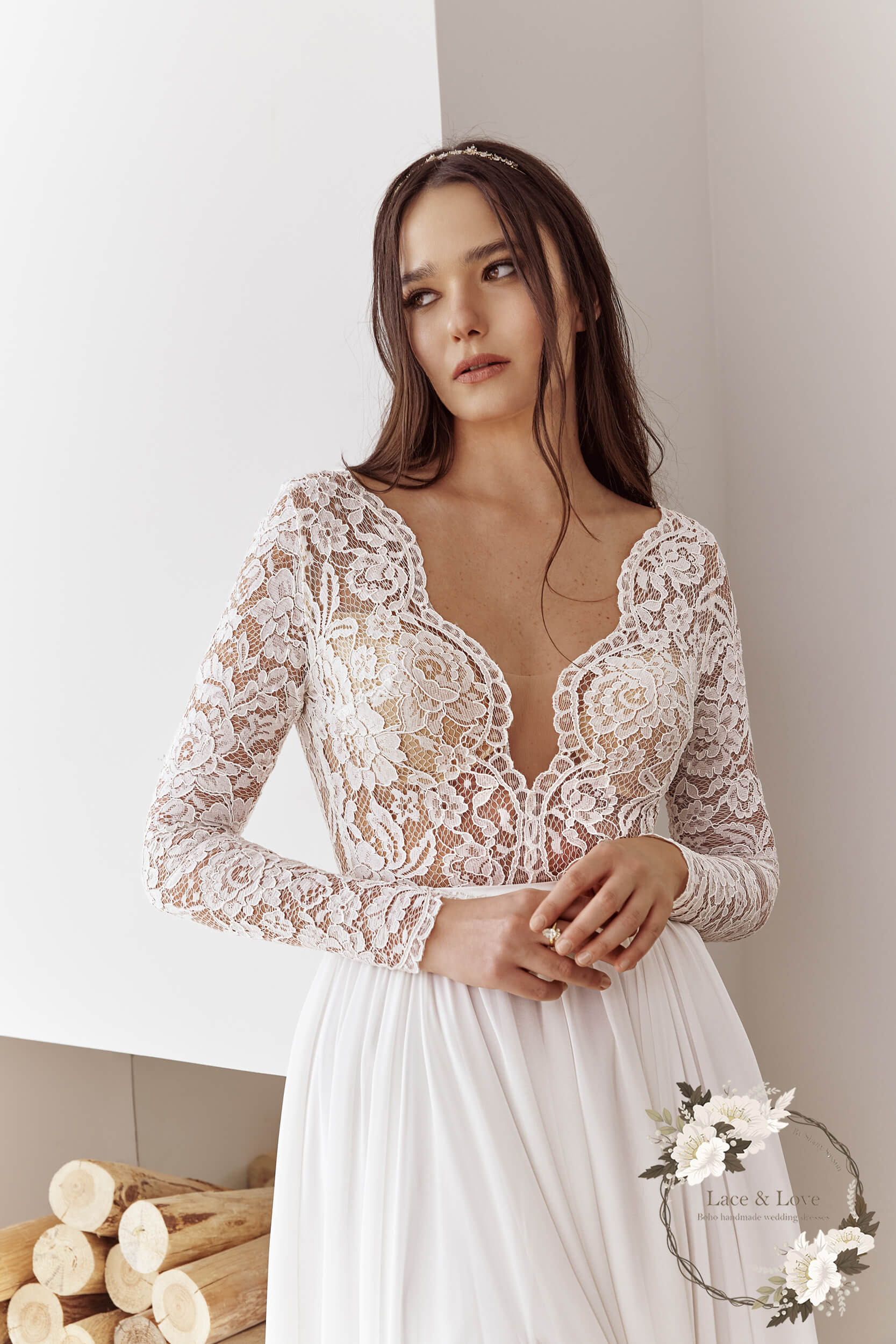 Anya Gown, long sleeve vintage lace boho wedding dress by Lace & Love - view 5