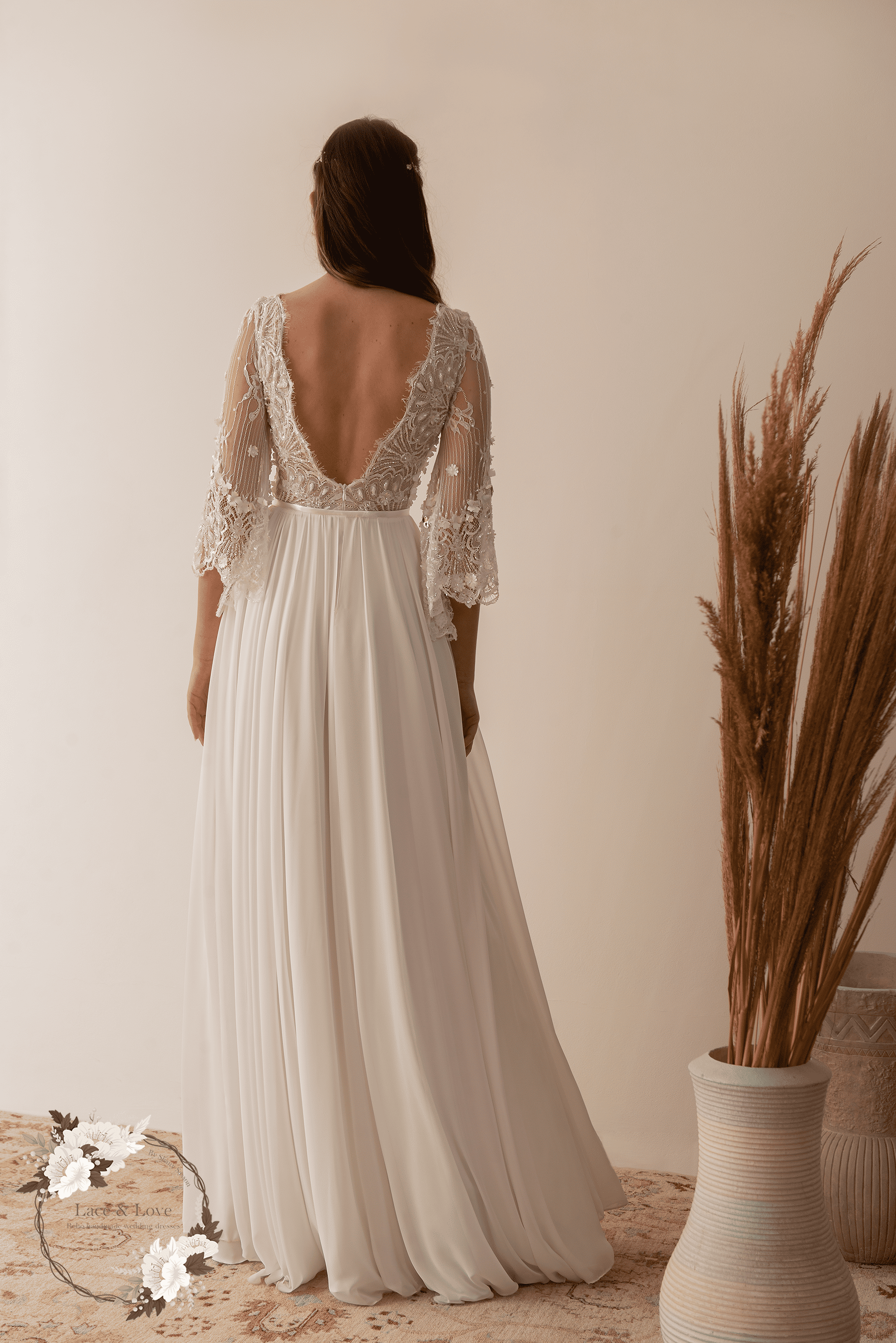 Aurelia Gown, vintage lace 3/4 sleeve boho wedding dress by Lace & Love - view 3