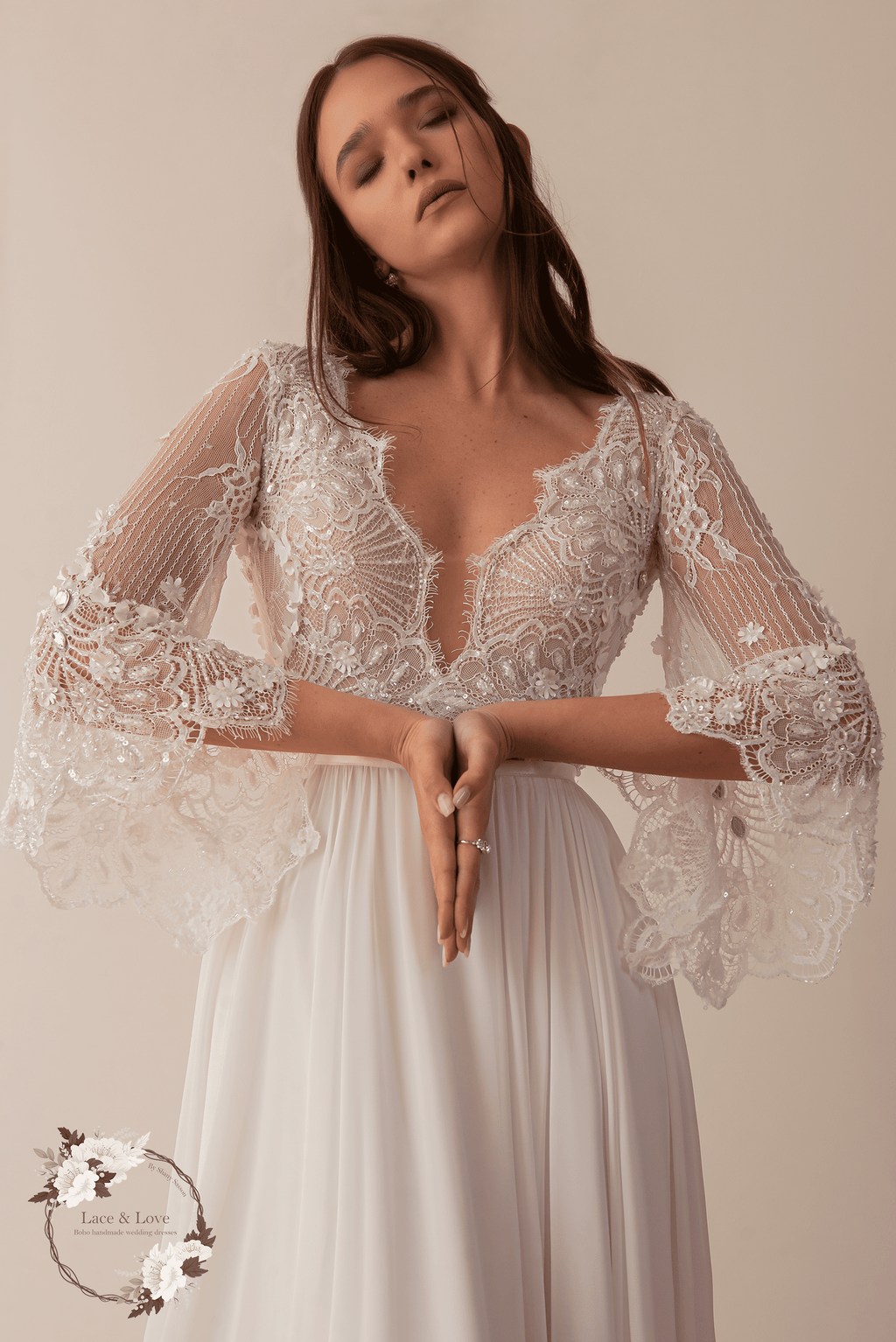 Aurelia Gown, vintage lace 3/4 sleeve boho wedding dress by Lace & Love - view 4