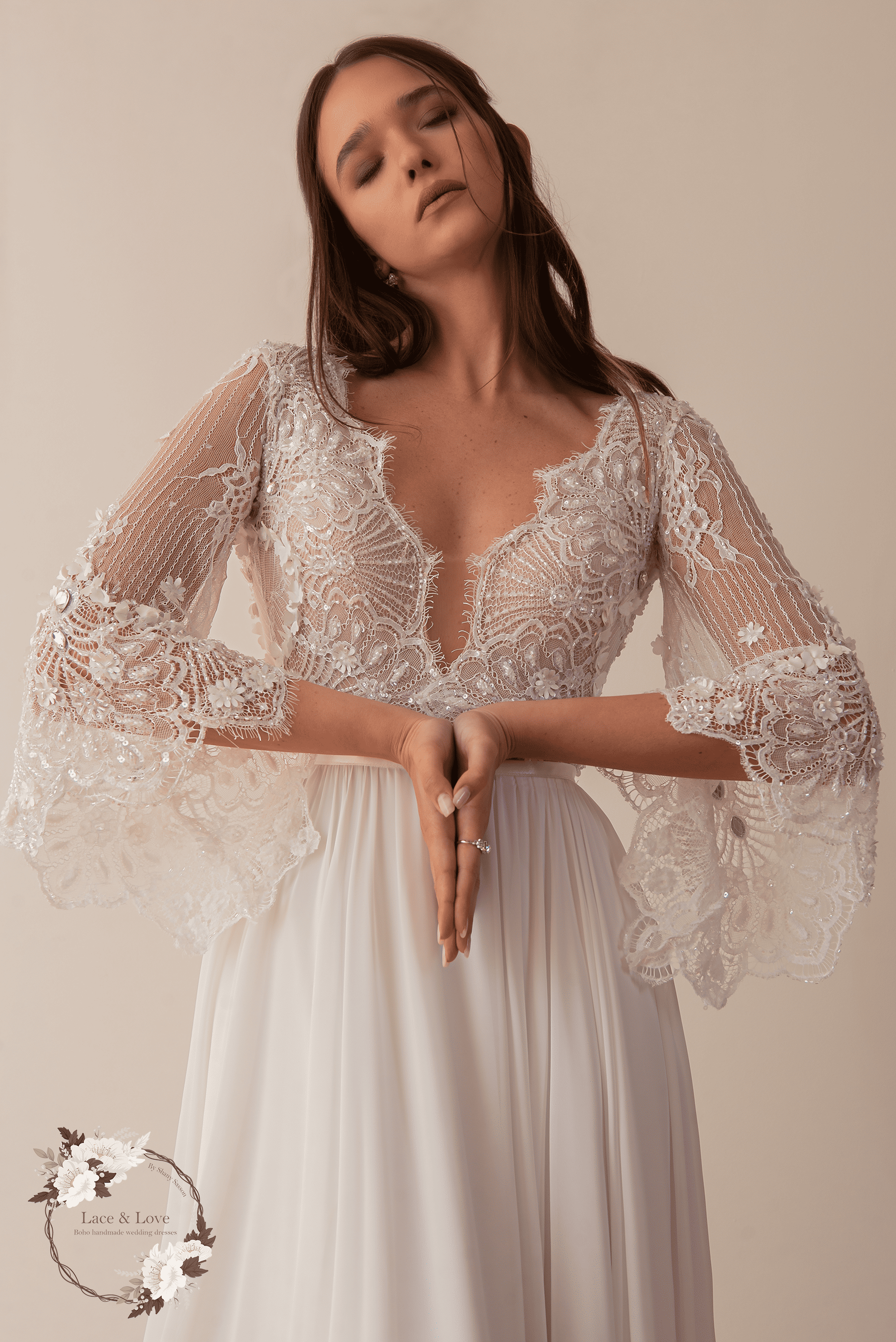 Aurelia Gown, vintage lace 3/4 sleeve boho wedding dress by Lace & Love - view 4