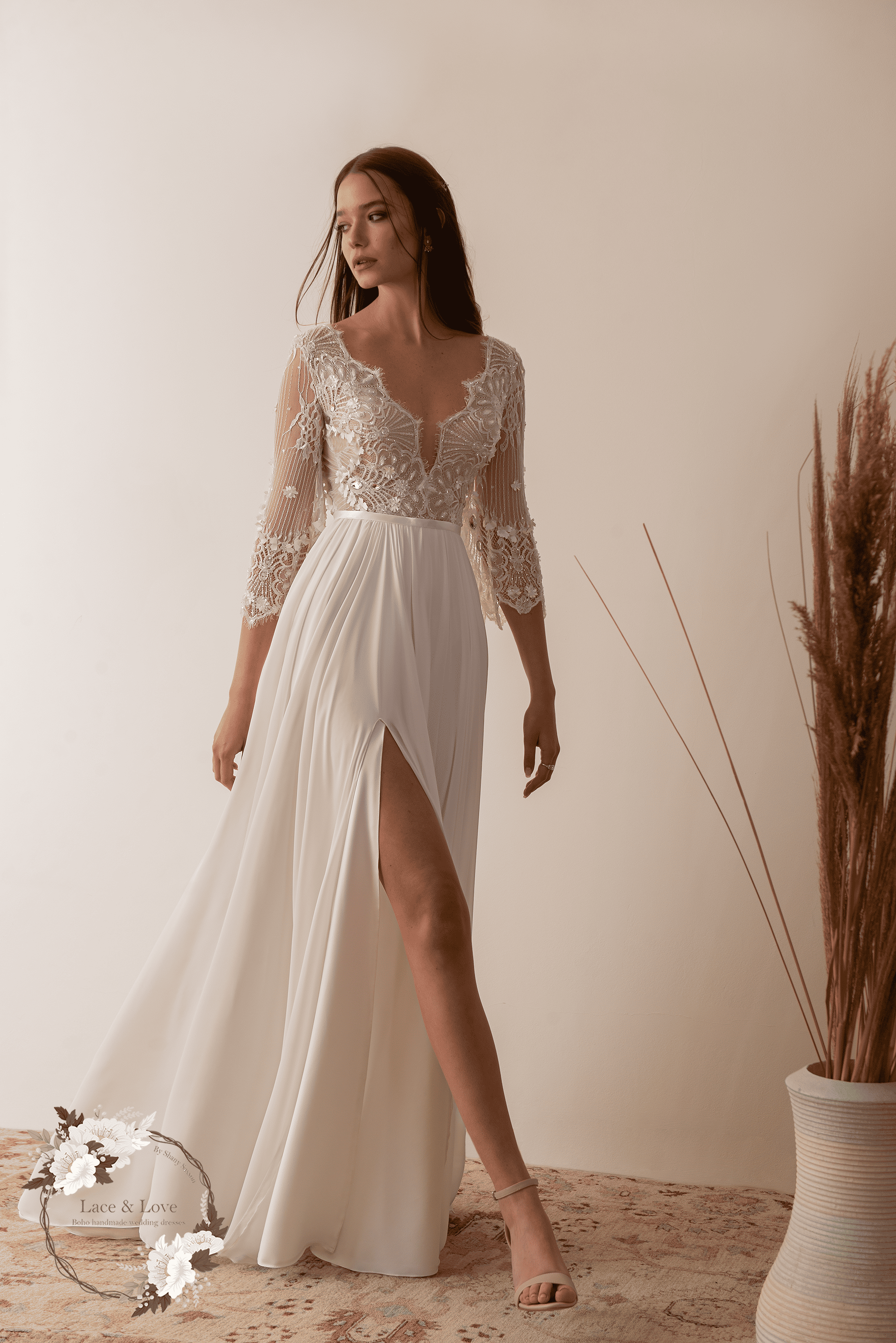 Aurelia Gown, vintage lace 3/4 sleeve boho wedding dress by Lace & Love - view 5