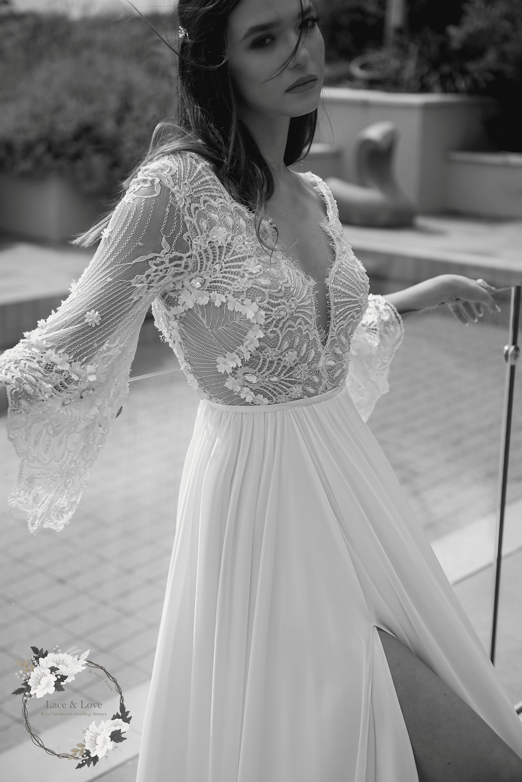Aurelia Gown, vintage lace 3/4 sleeve boho wedding dress by Lace & Love - view 6