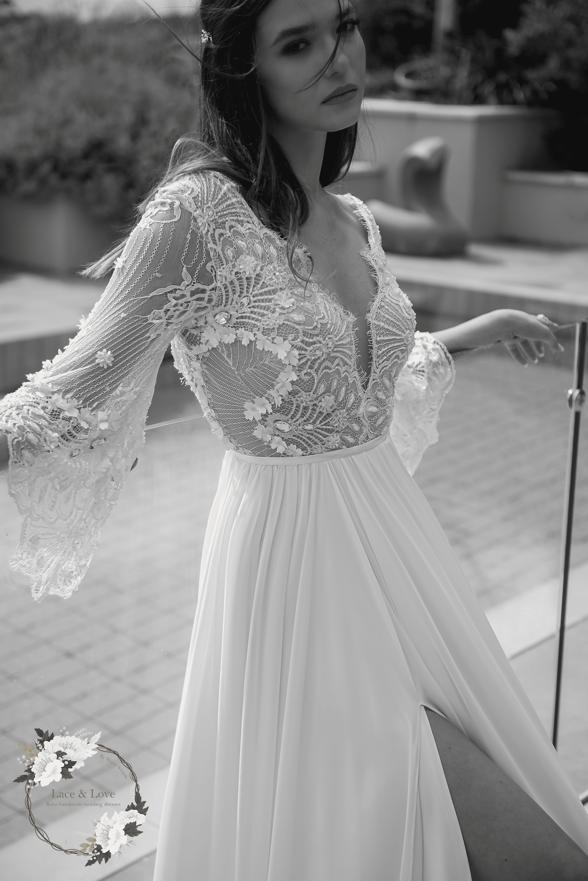 Aurelia Gown, vintage lace 3/4 sleeve boho wedding dress by Lace & Love - view 6