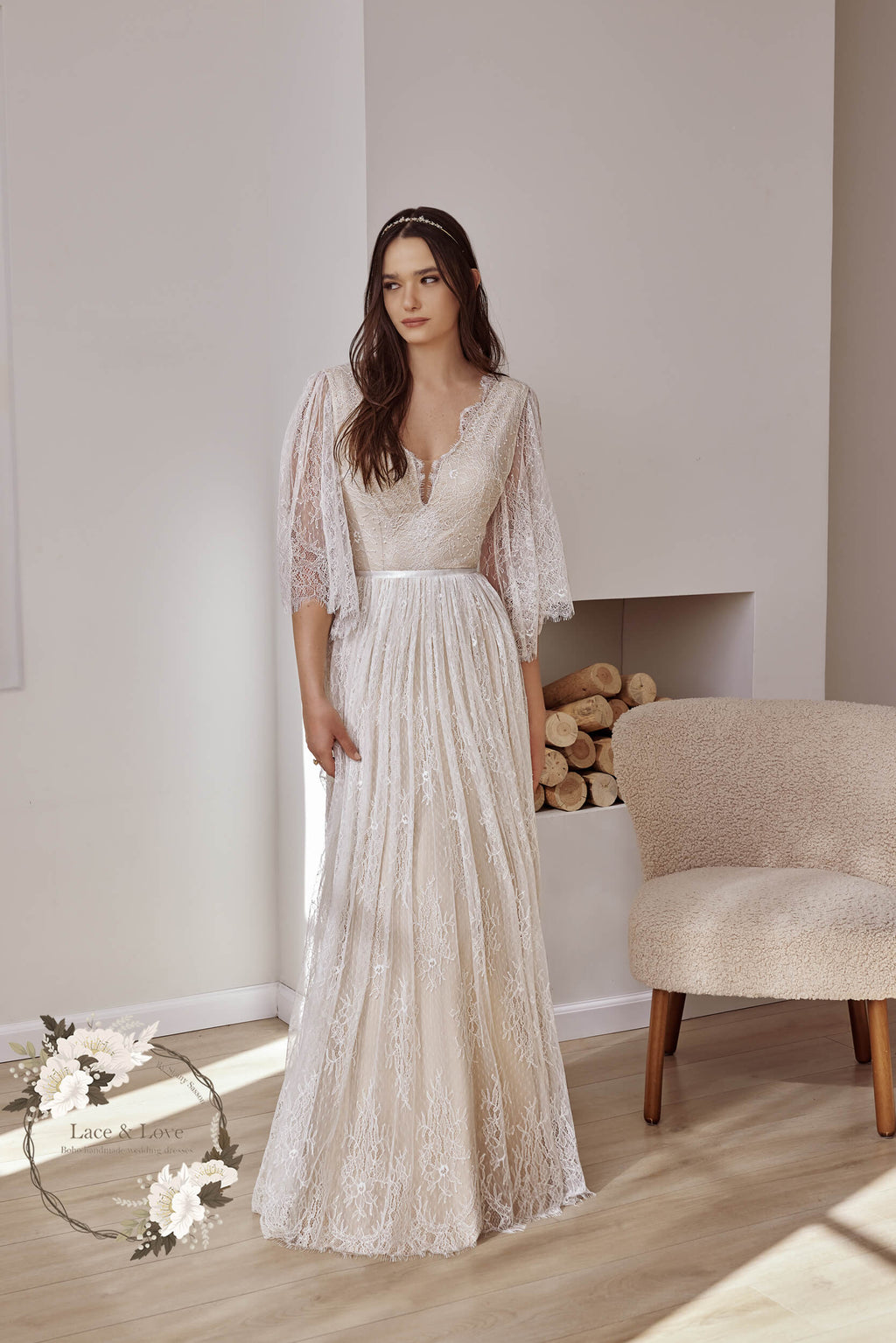 Boho French lace wedding dress, made to measure by Lace & Love - view 4