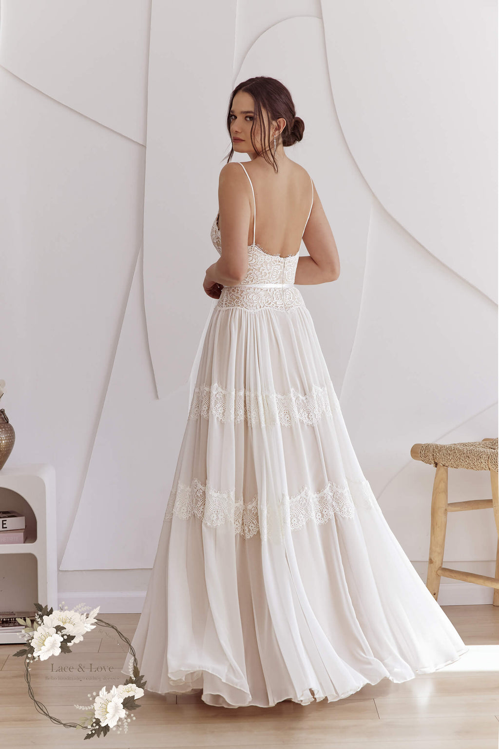 Boho lace wedding dress with chiffon by Lace & Love - view 5