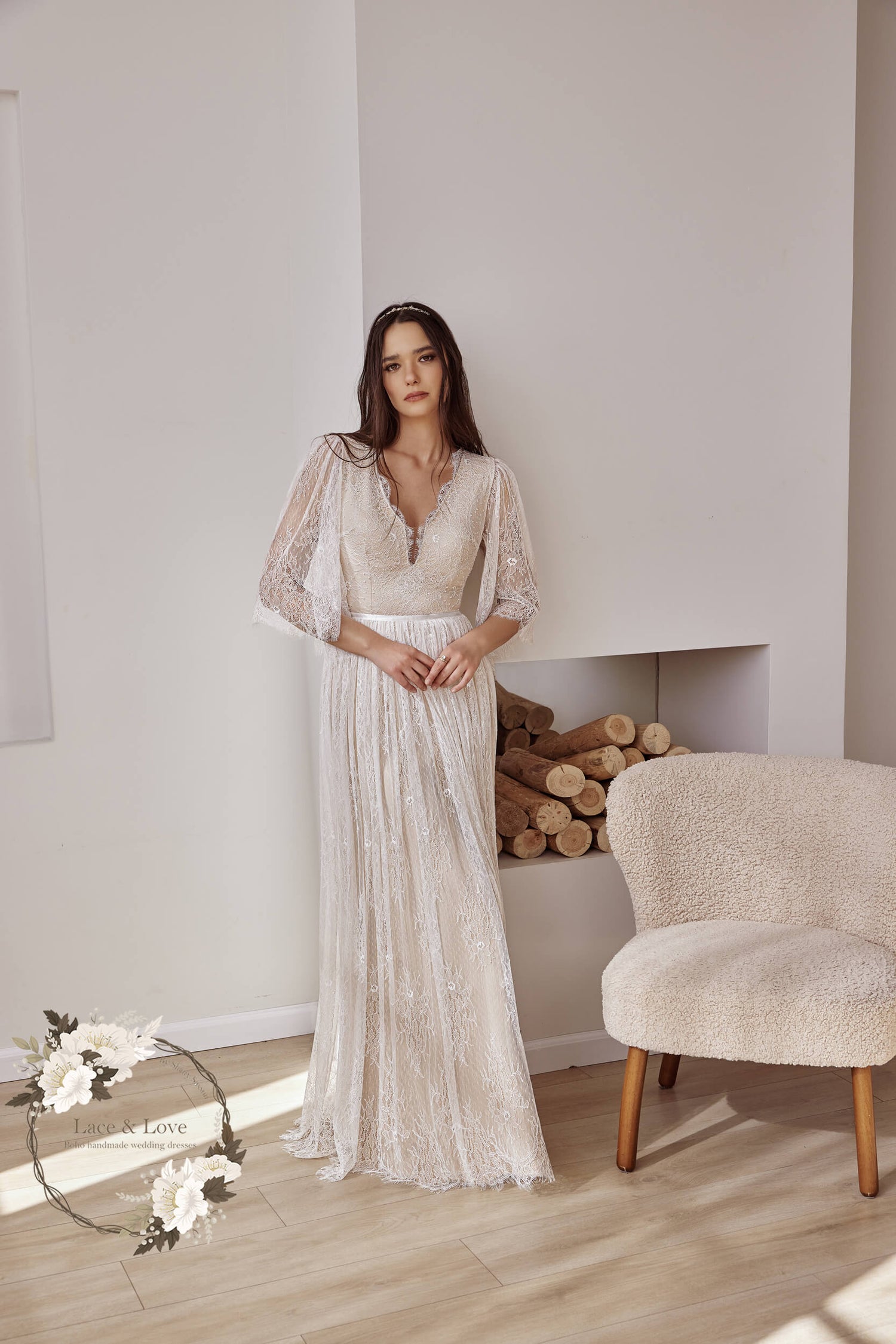 bohemian flutter sleeve wedding dress Boho Lace Wedding Dress, Flutter Sleeve Bridal Gown, Open Back Beach Wedding Dress, Rustic Chiffon A-Line Gown, Vintage Style V-Neck Dress