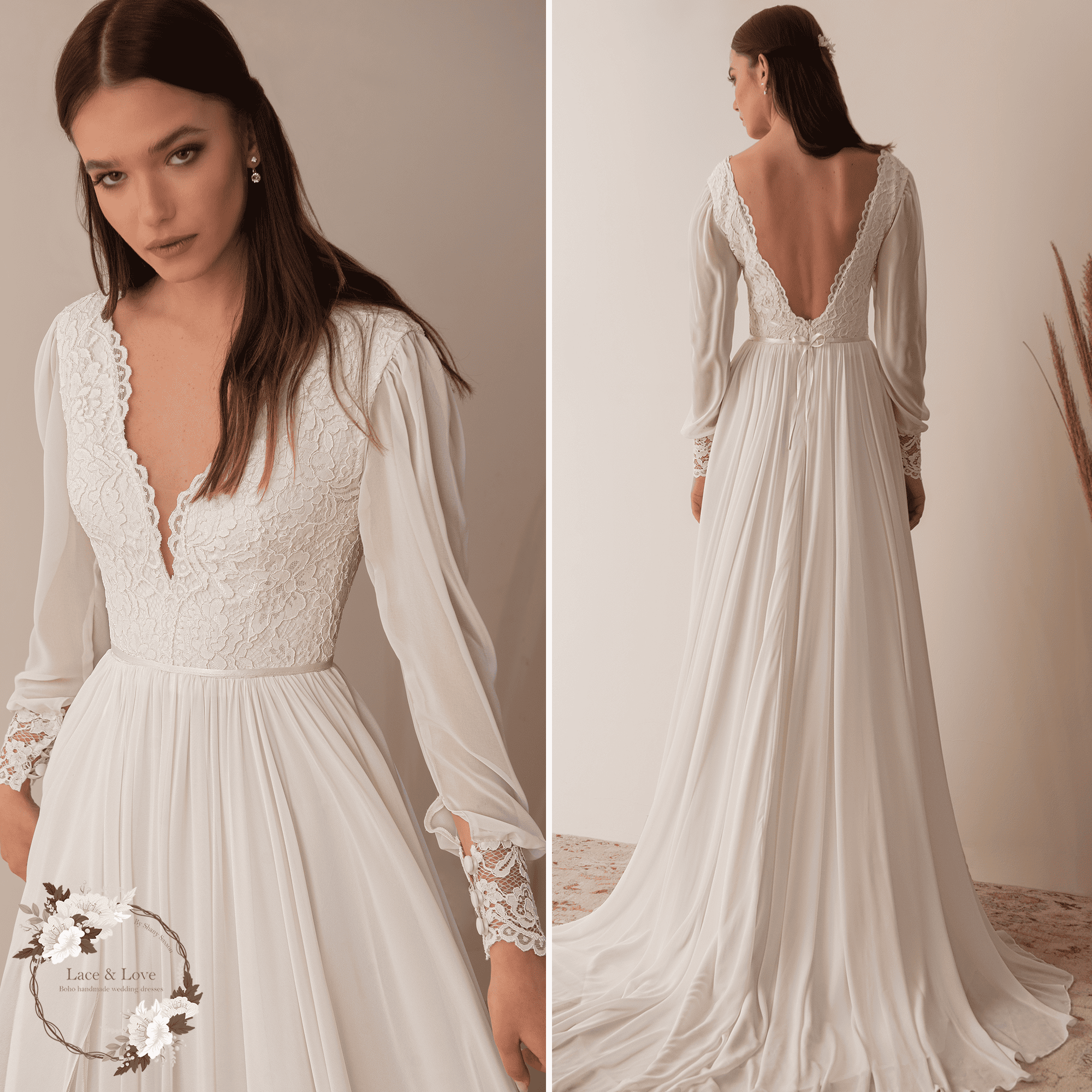 Boho lace wedding dress with long sleeves and deep V-neck