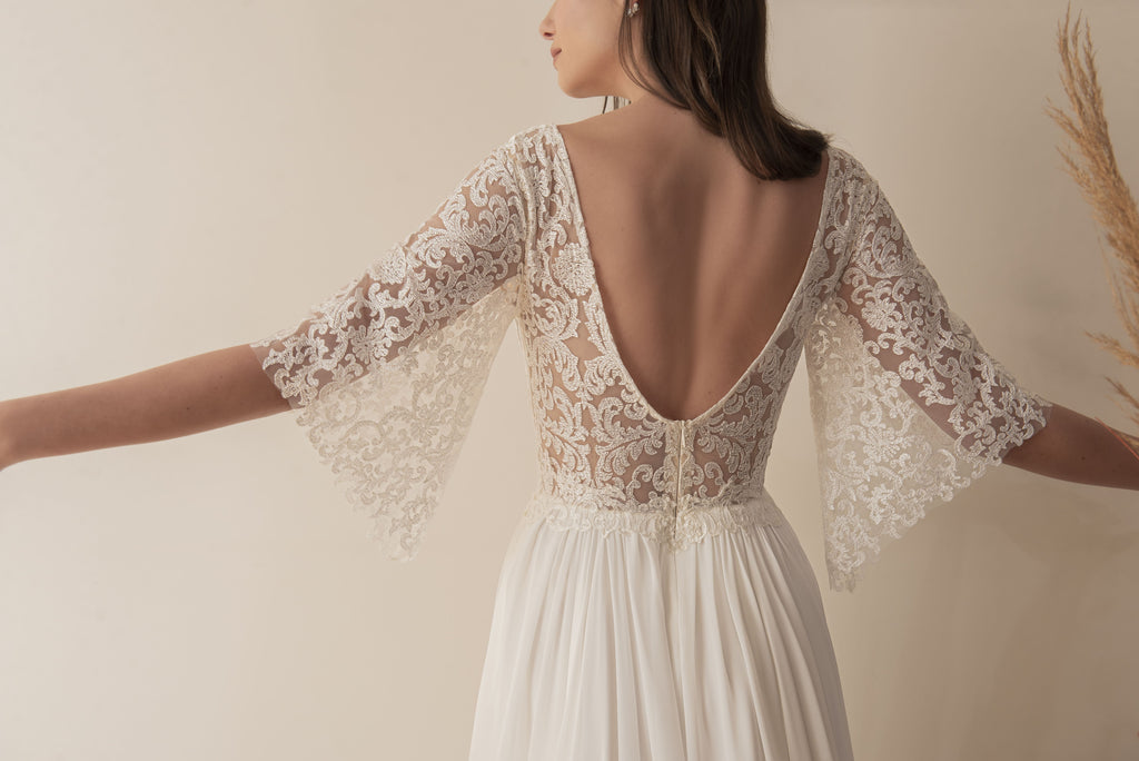 Boho wedding dress lace sleeve and low back detail