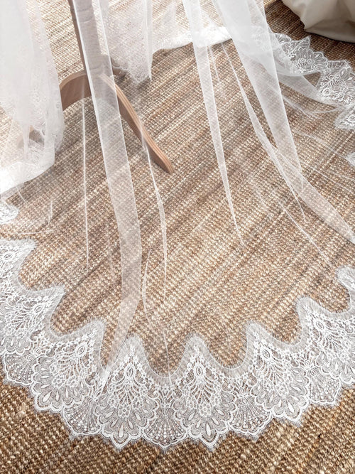 Cathedral Lace Wedding Veil, close-up of the lace pattern and edge