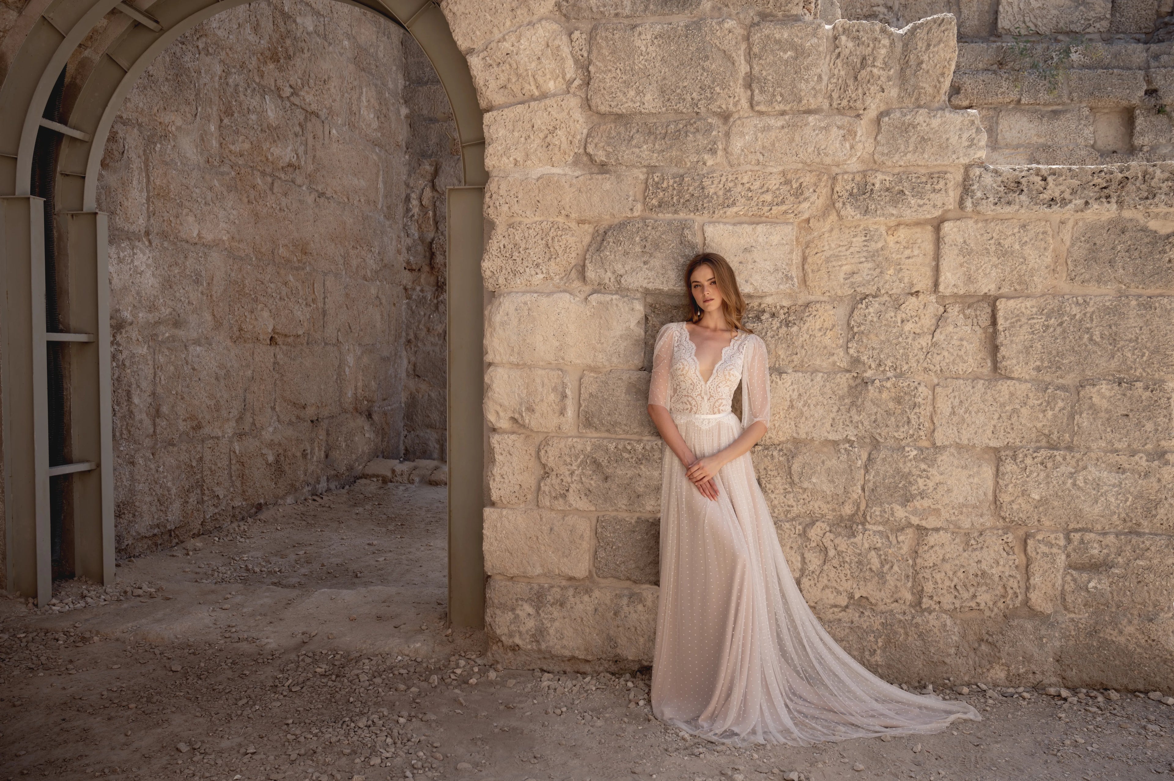 Custom boho lace wedding dress with sizing, fabric and ordering details