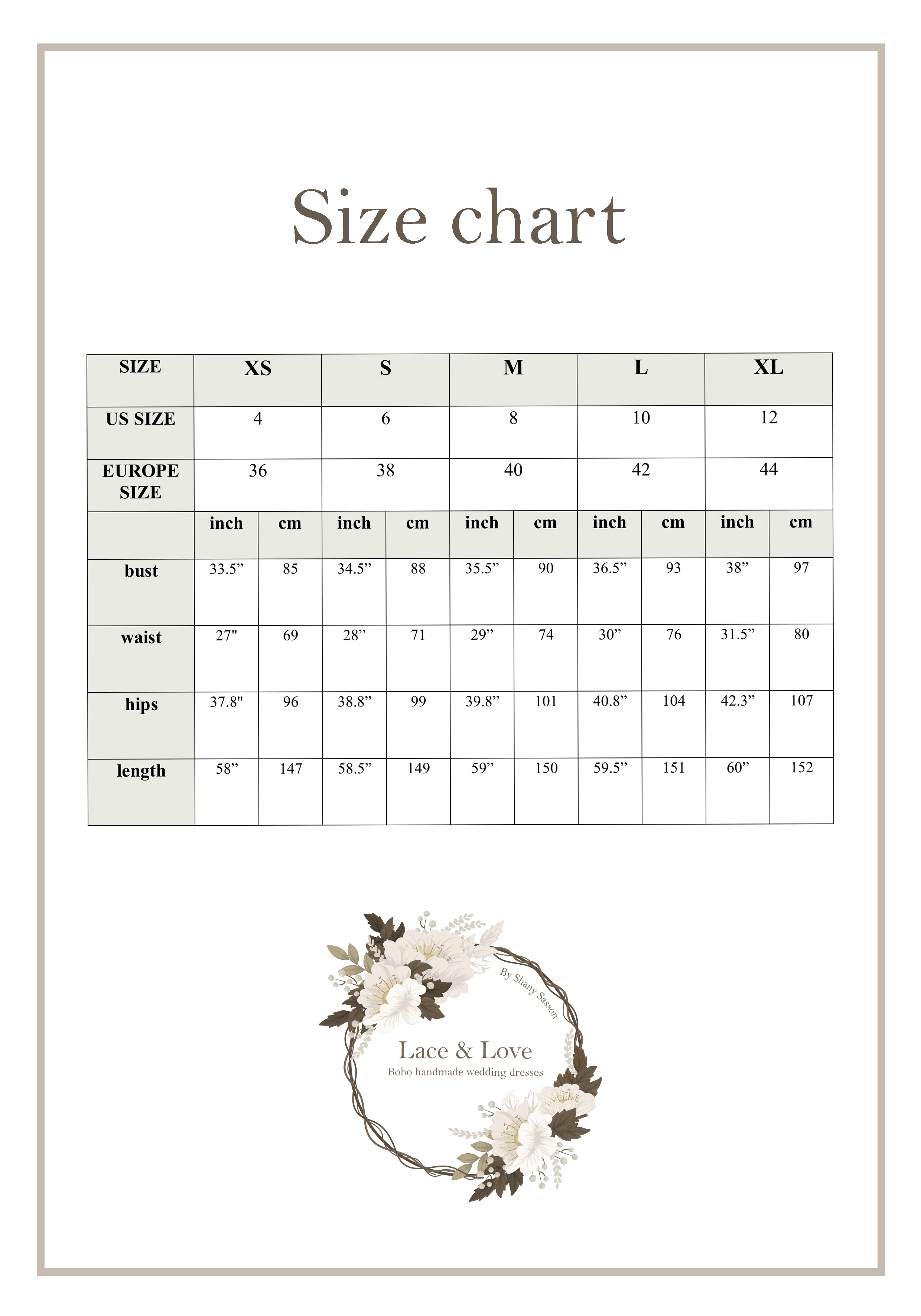 Size chart for a custom made boho wedding dress by Lace & Love
