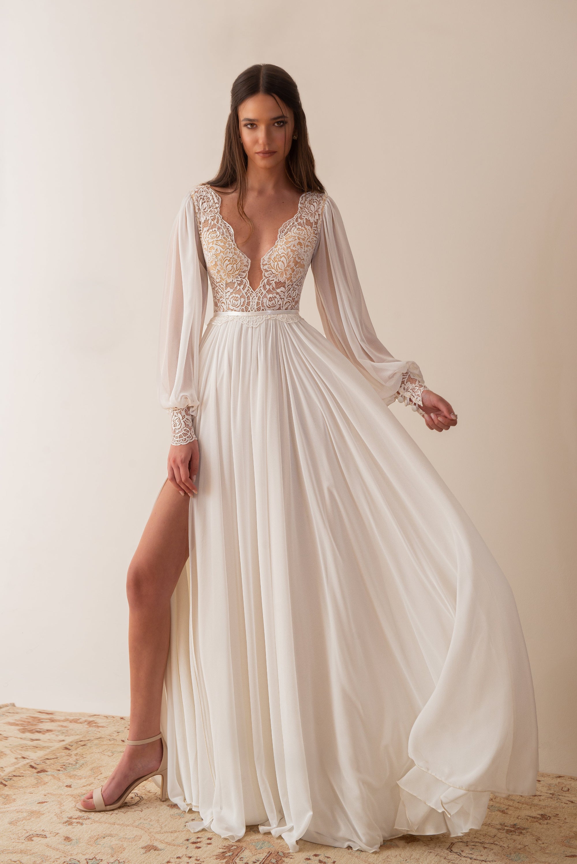 Giselle Gown, deep V-neck vintage lace boho wedding dress with sheer sleeves, full front view | Lace & Love by Shany Sasson