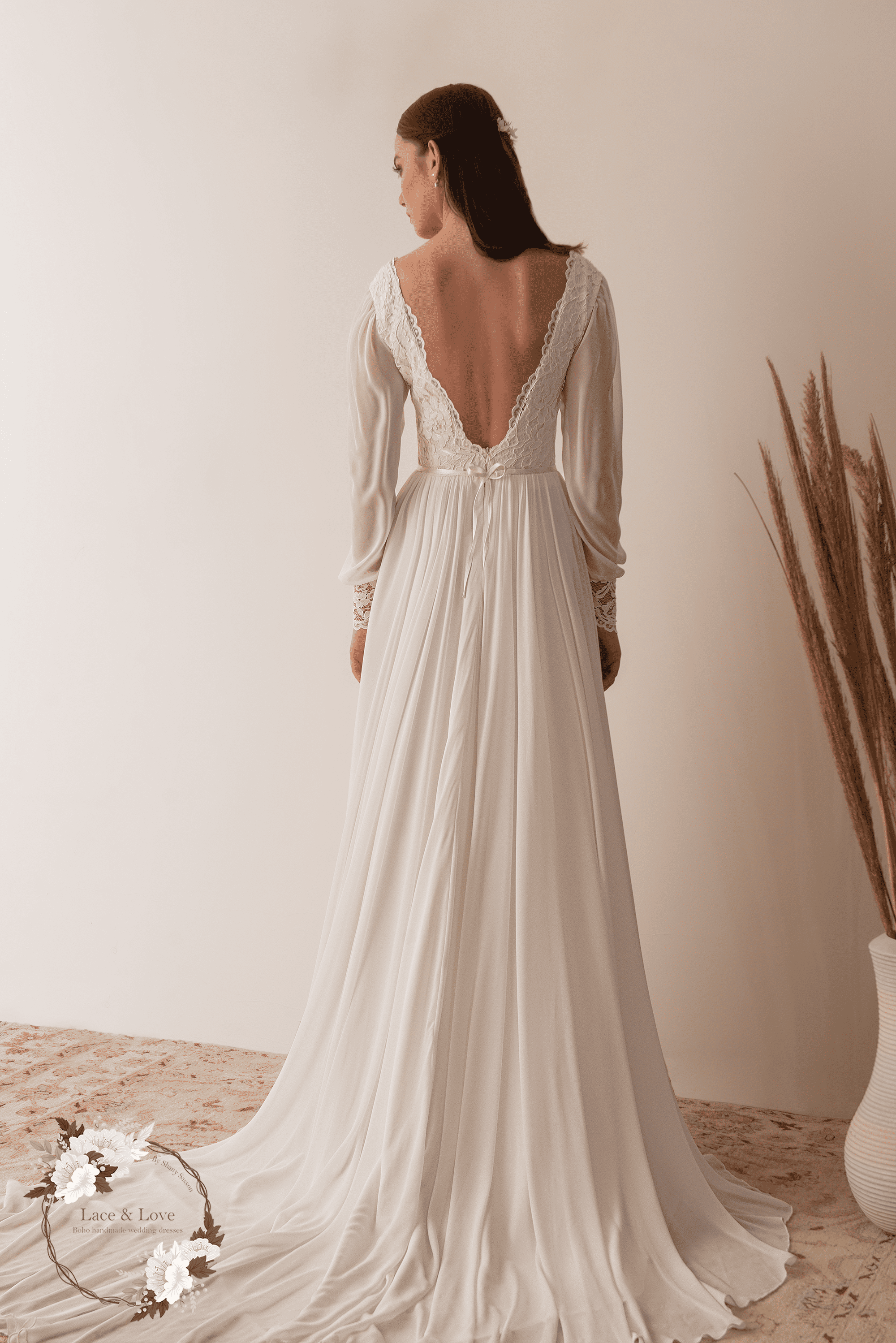 Diana Gown, boho French lace and chiffon wedding dress by Lace & Love - view 3