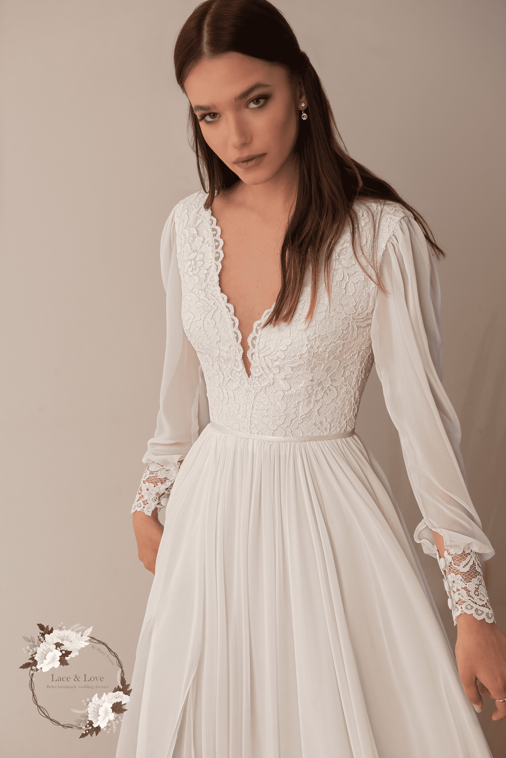 Diana Gown, boho French lace and chiffon wedding dress by Lace & Love - view 5