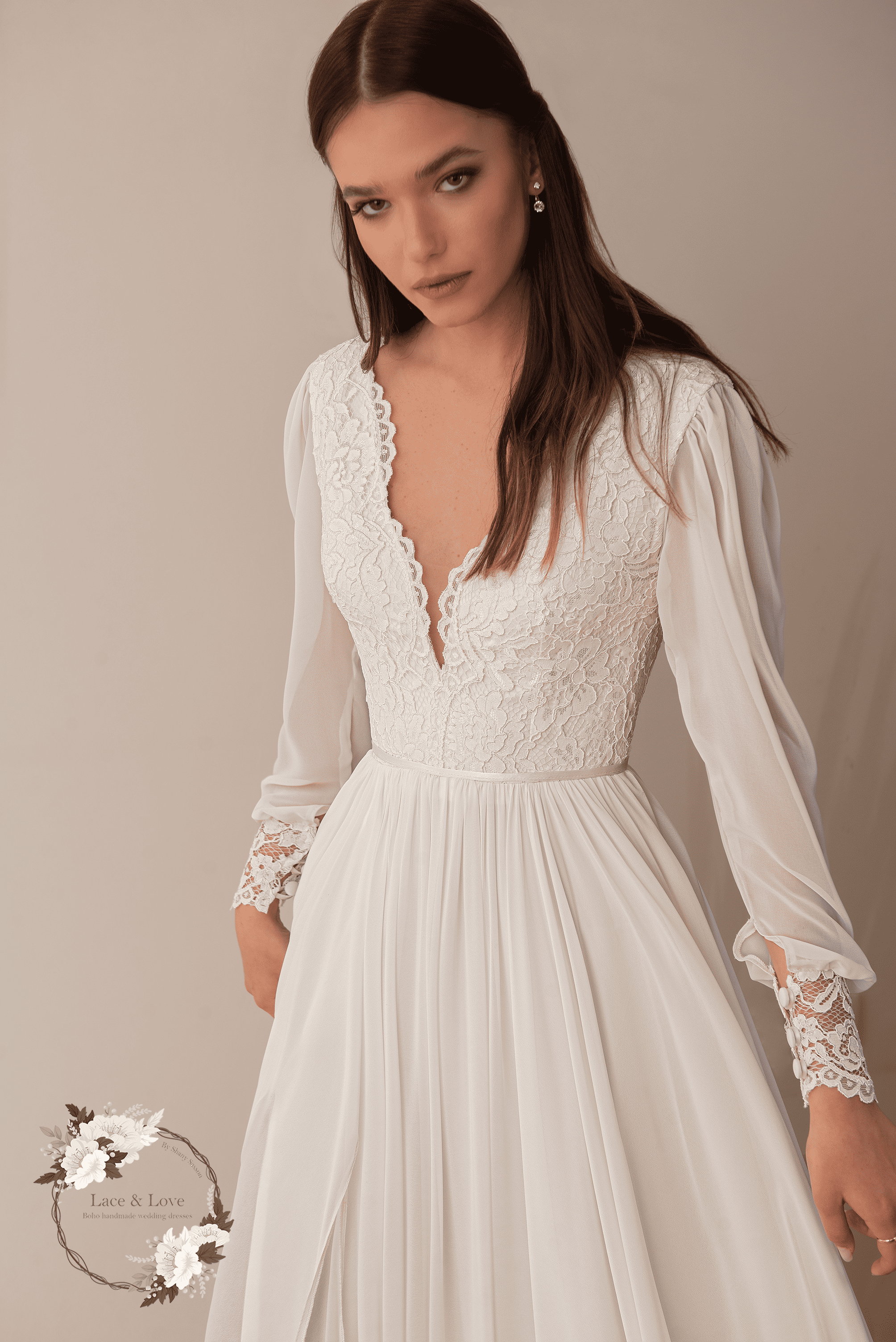 Diana Gown, boho French lace and chiffon wedding dress by Lace & Love - view 5