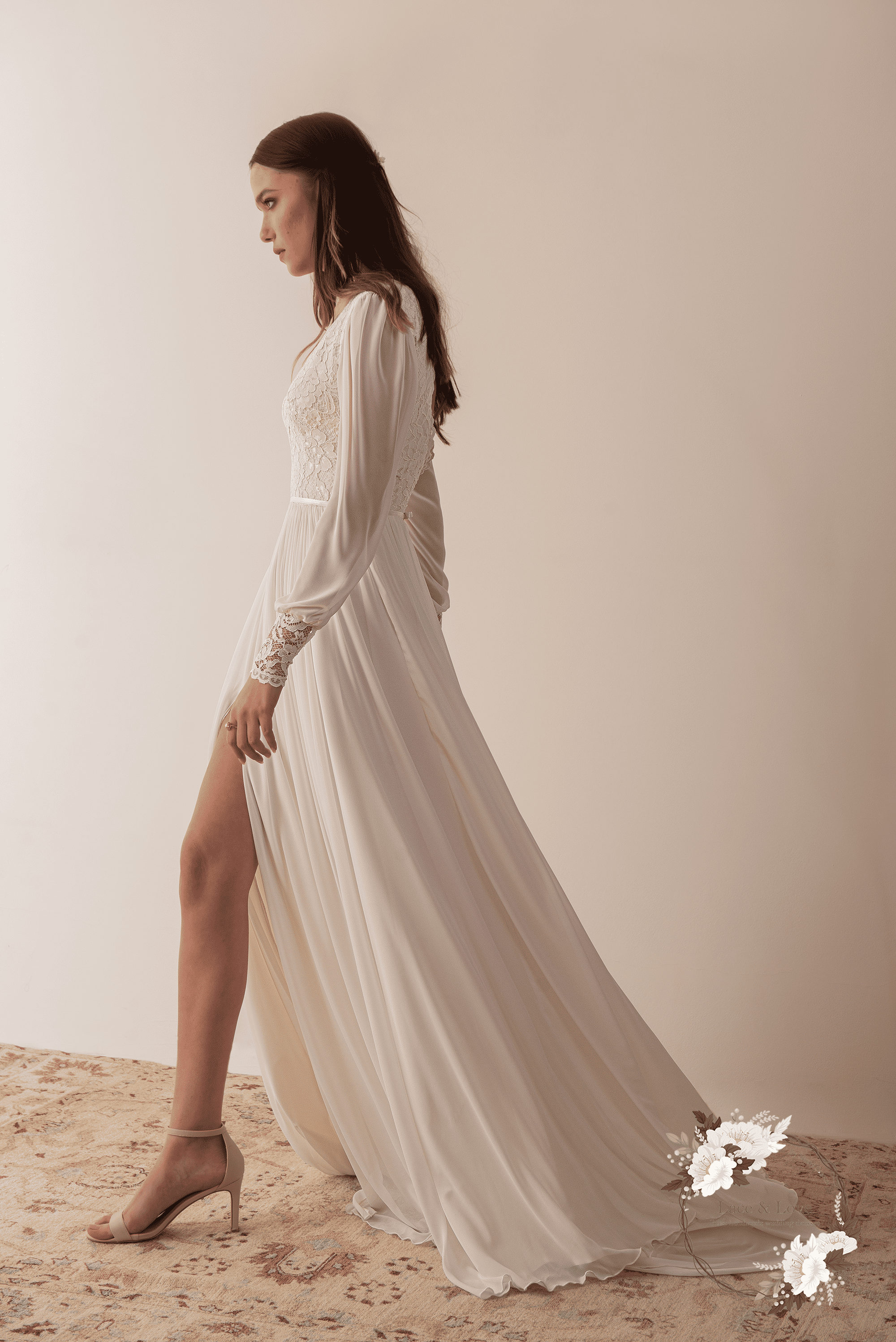Diana Gown, boho French lace and chiffon wedding dress by Lace & Love - view 6