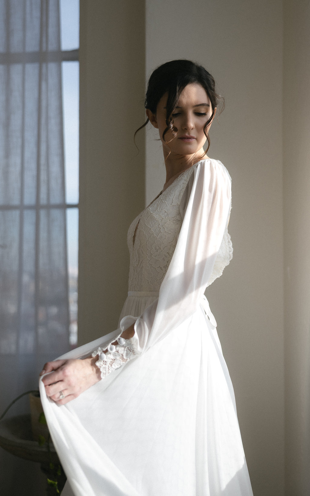 Diana Gown, long sleeve boho lace and chiffon wedding dress by Lace & Love - view 7