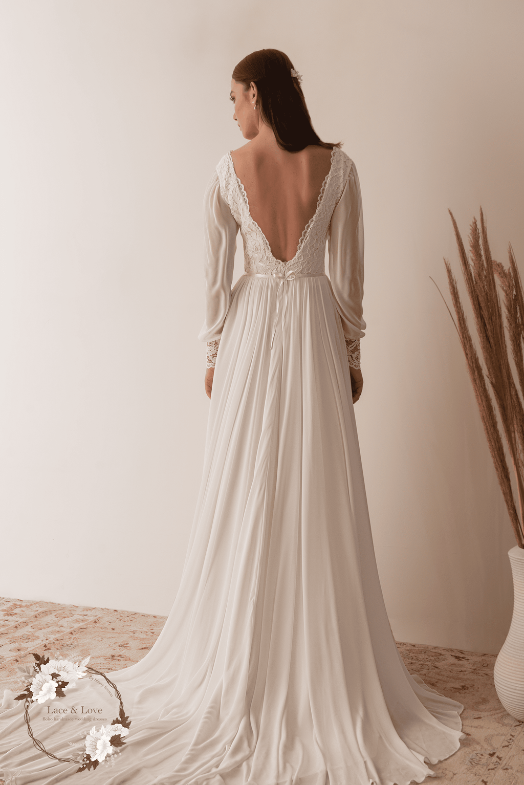Diana Gown, long sleeve French lace wedding dress by Lace & Love - view 3