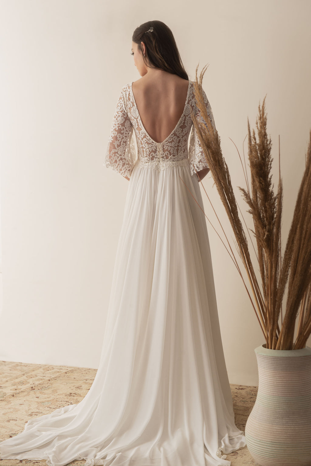 Elbow sleeve French lace boho wedding dress by Lace & Love - view 4