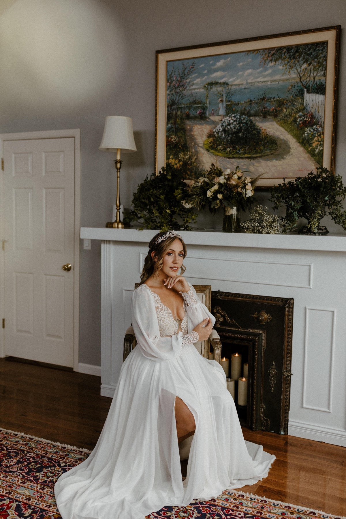 Esme Gown, Long Sleeve Vintage Lace Boho Wedding Dress with Open Back, Made to Measure, shown in a seated pose