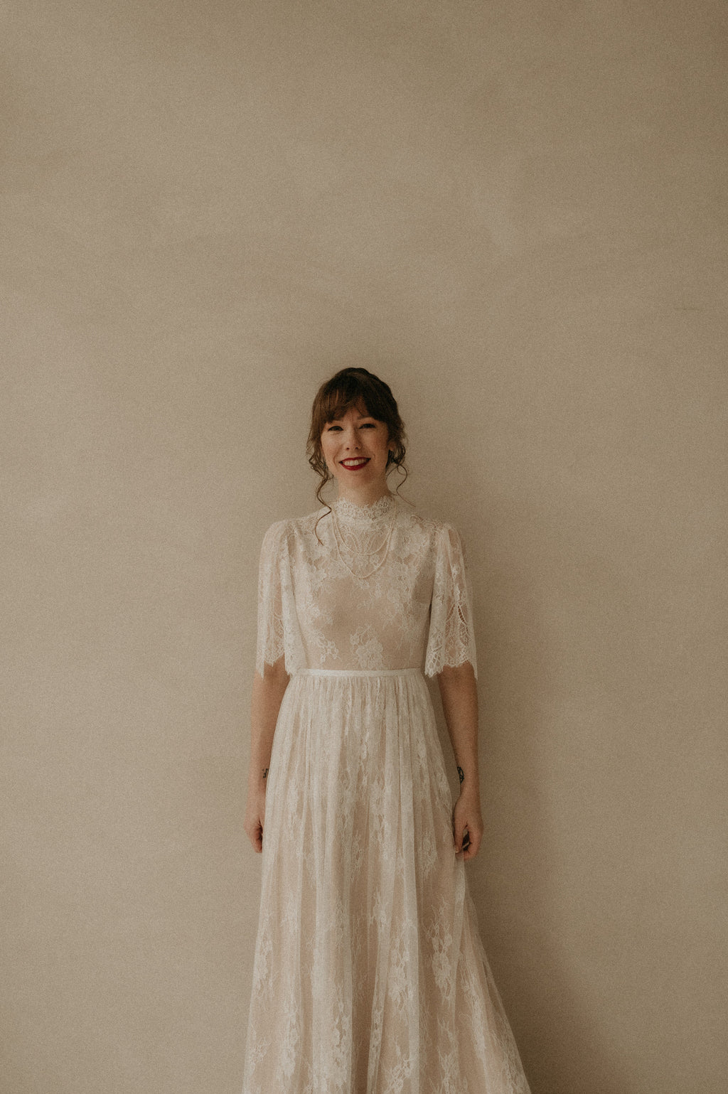 Evelyn Gown, high neck lace wedding dress with short sleeves by Lace & Love - view 2