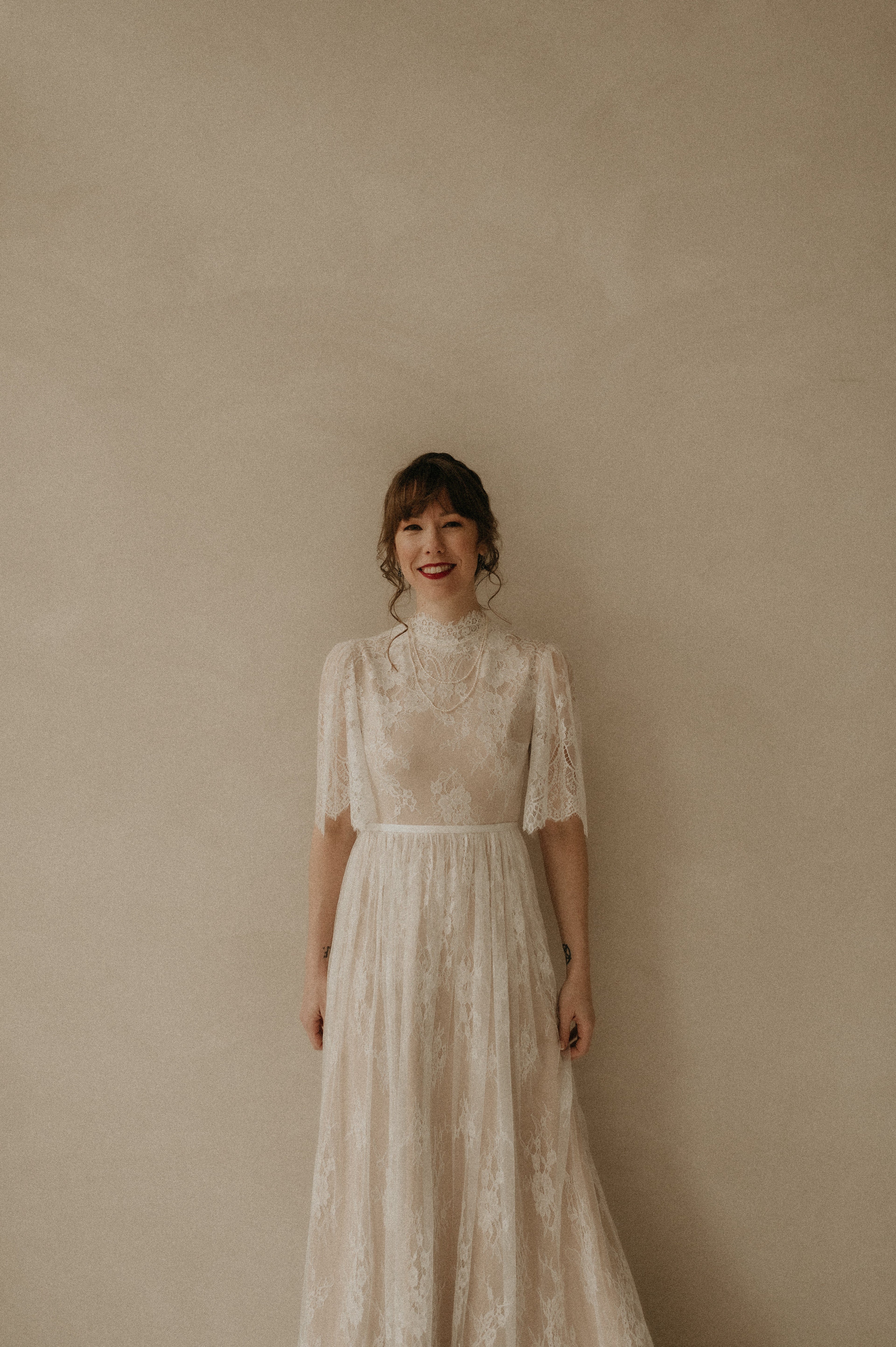 Evelyn Gown, high neck lace wedding dress with short sleeves by Lace & Love - view 2