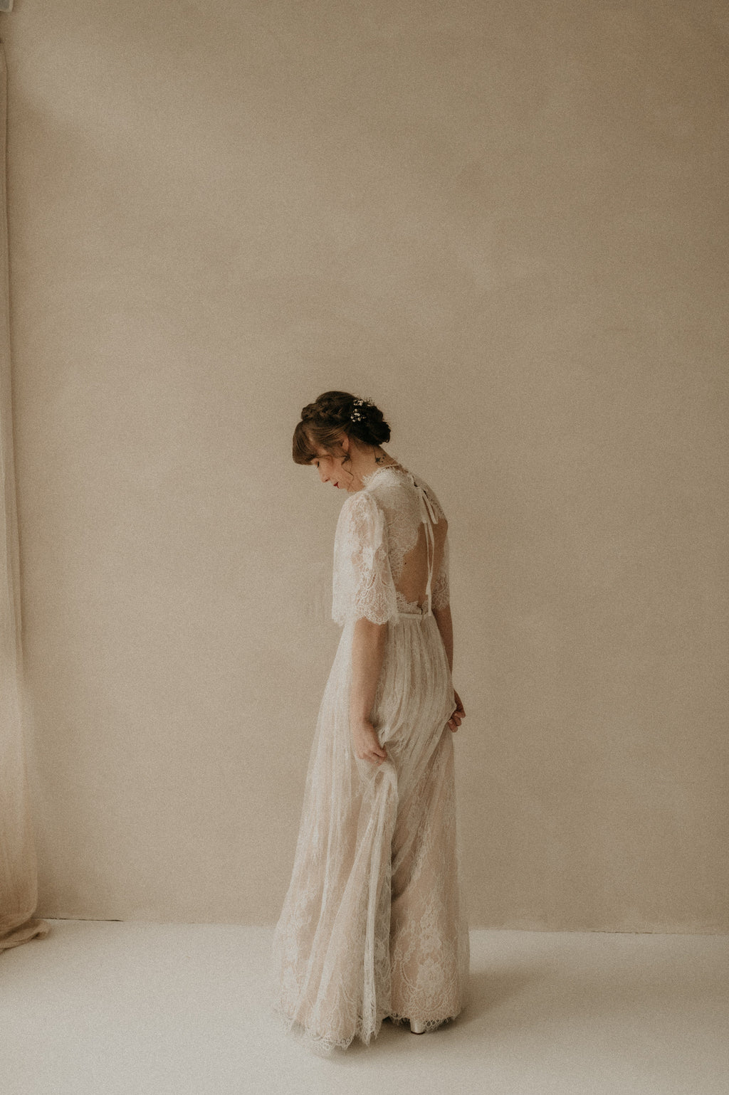 Evelyn Gown, high neck lace wedding dress with short sleeves by Lace & Love - view 3