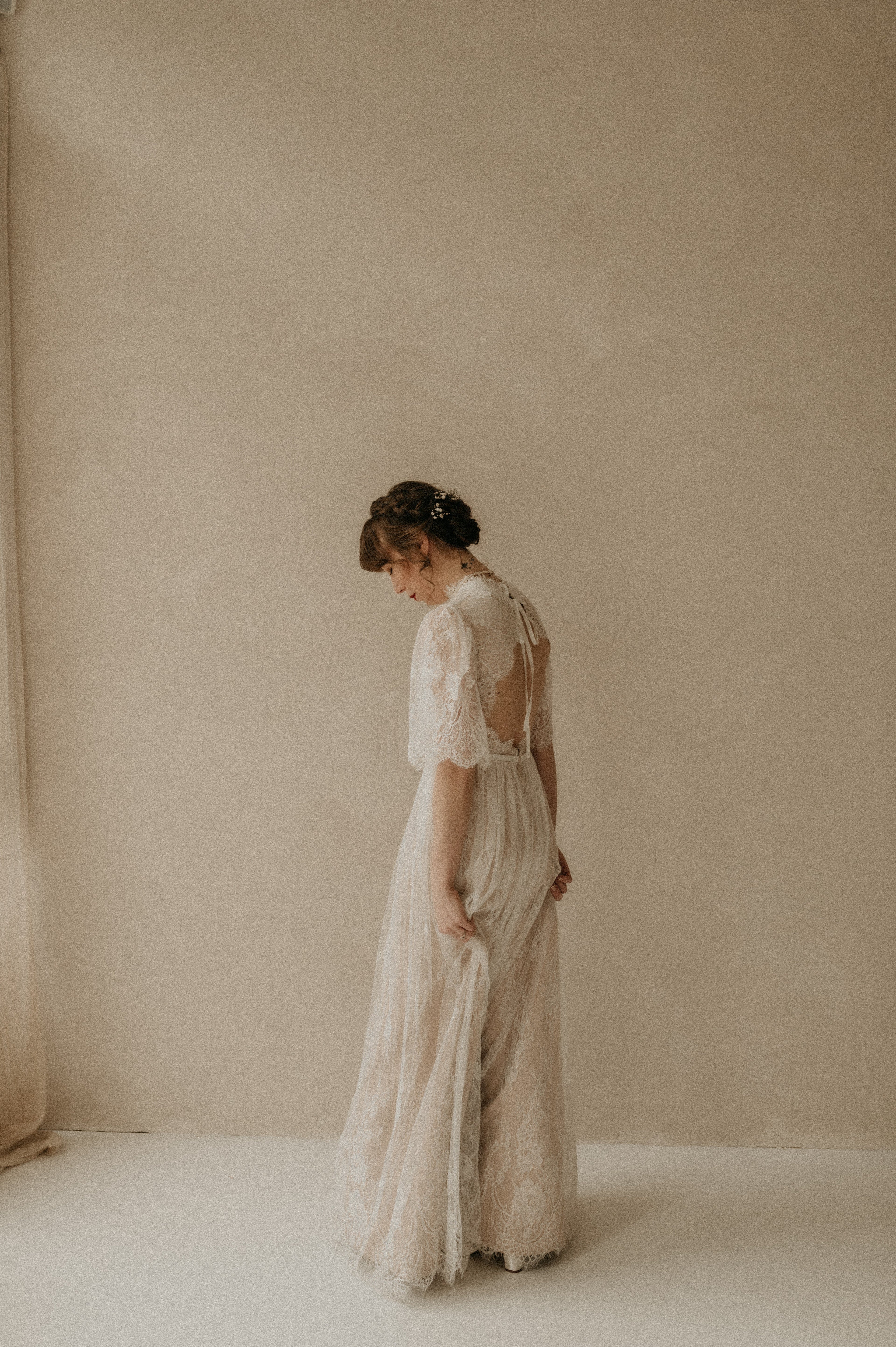 Evelyn Gown, high neck lace wedding dress with short sleeves by Lace & Love - view 3