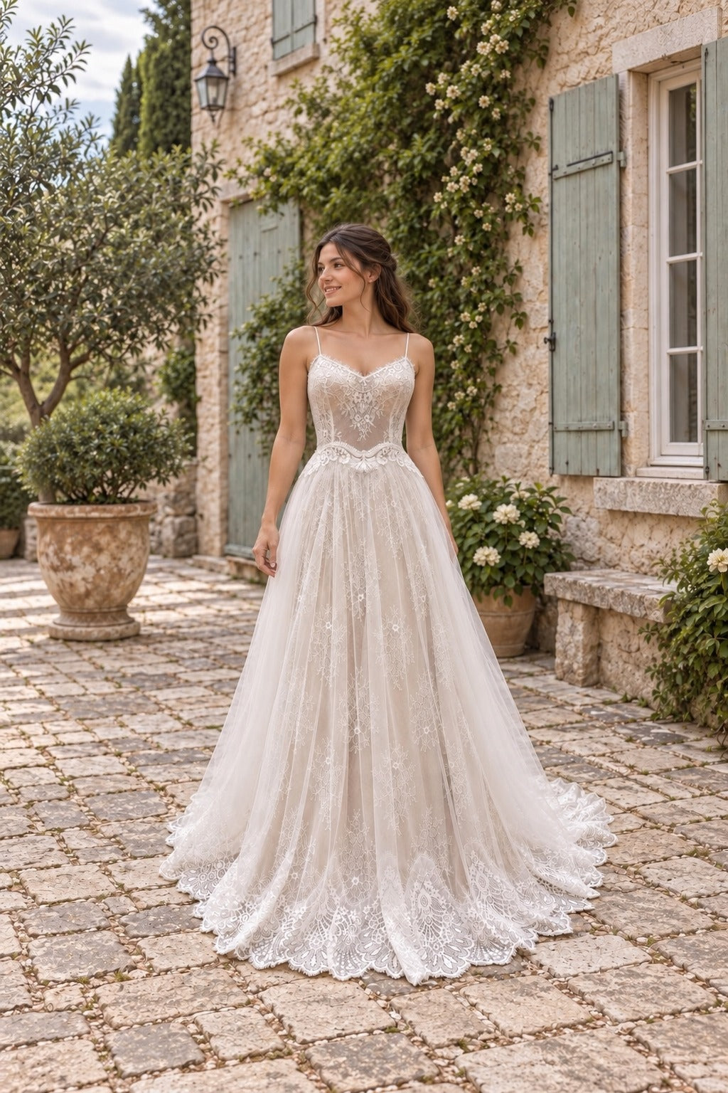 Flora Gown, sweetheart lace and tulle boho wedding dress with spaghetti straps and scalloped lace hem, bride in a garden courtyard