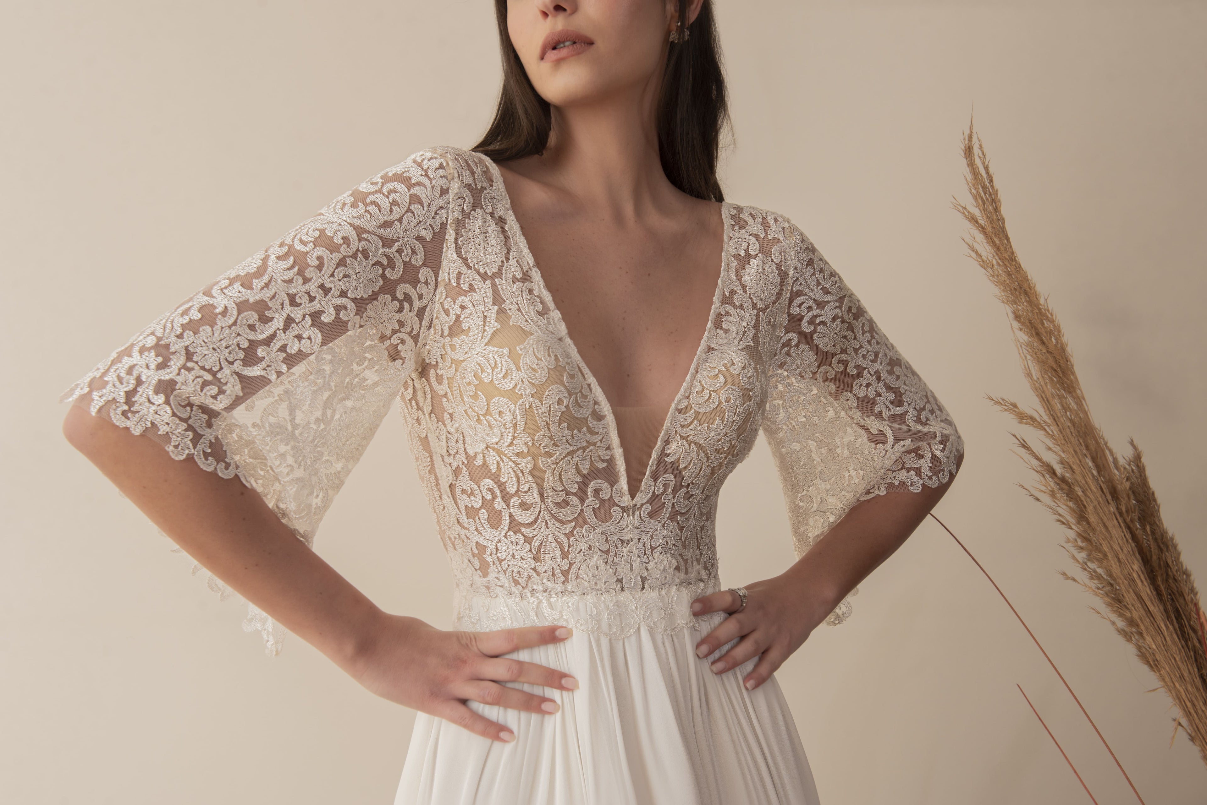 Elbow Sleeve French Lace Boho Wedding Dress Medium