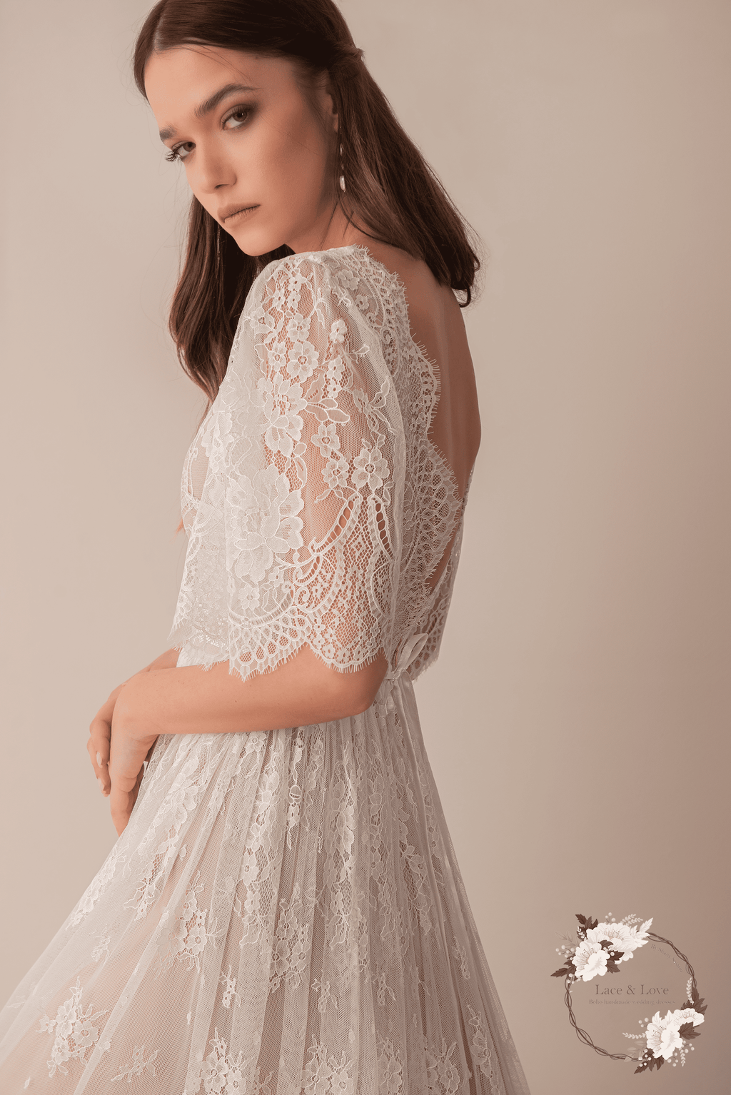 Grace Gown, vintage lace short sleeve boho wedding dress by Lace & Love - view 2