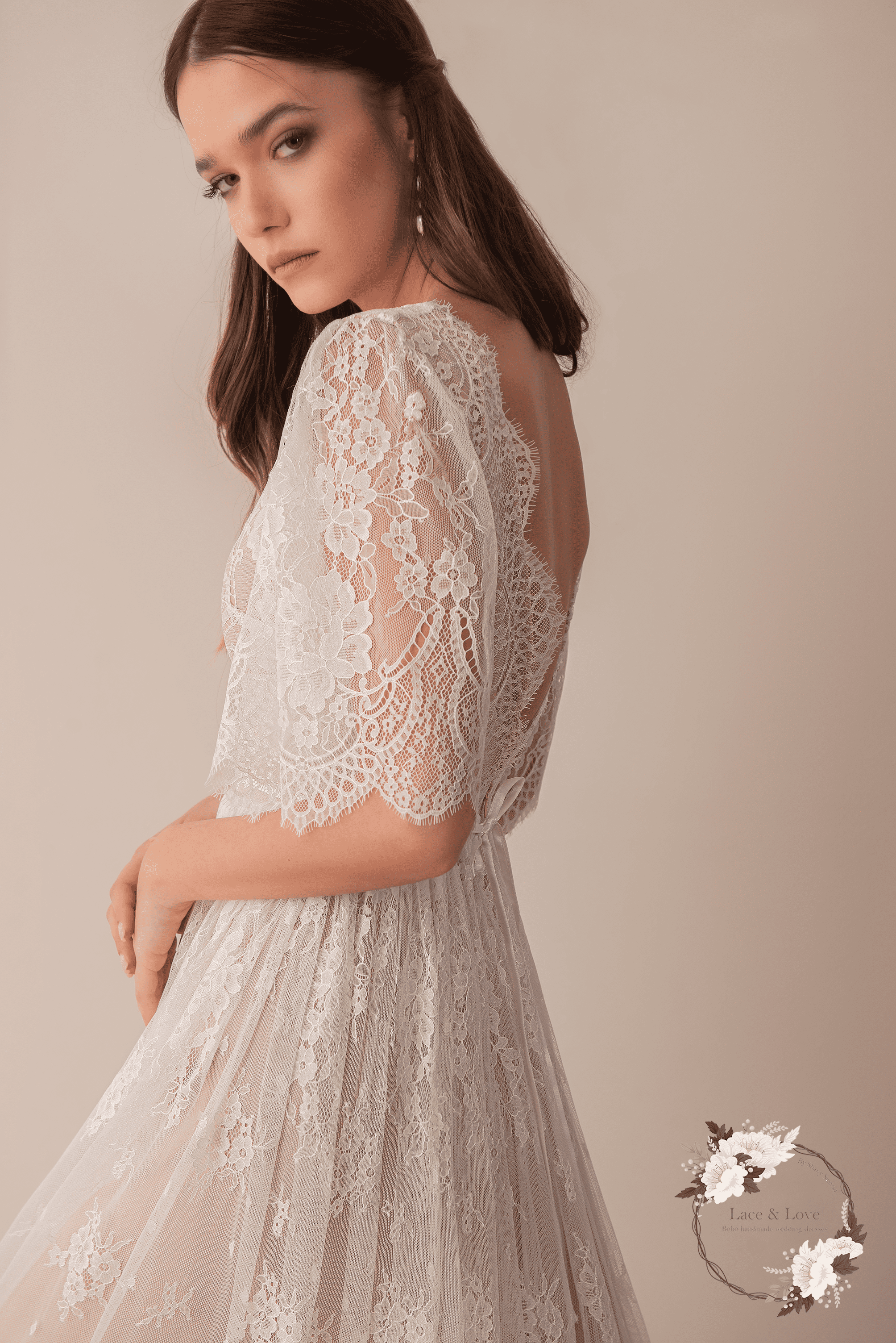 Grace Gown, vintage lace short sleeve boho wedding dress by Lace & Love - view 2