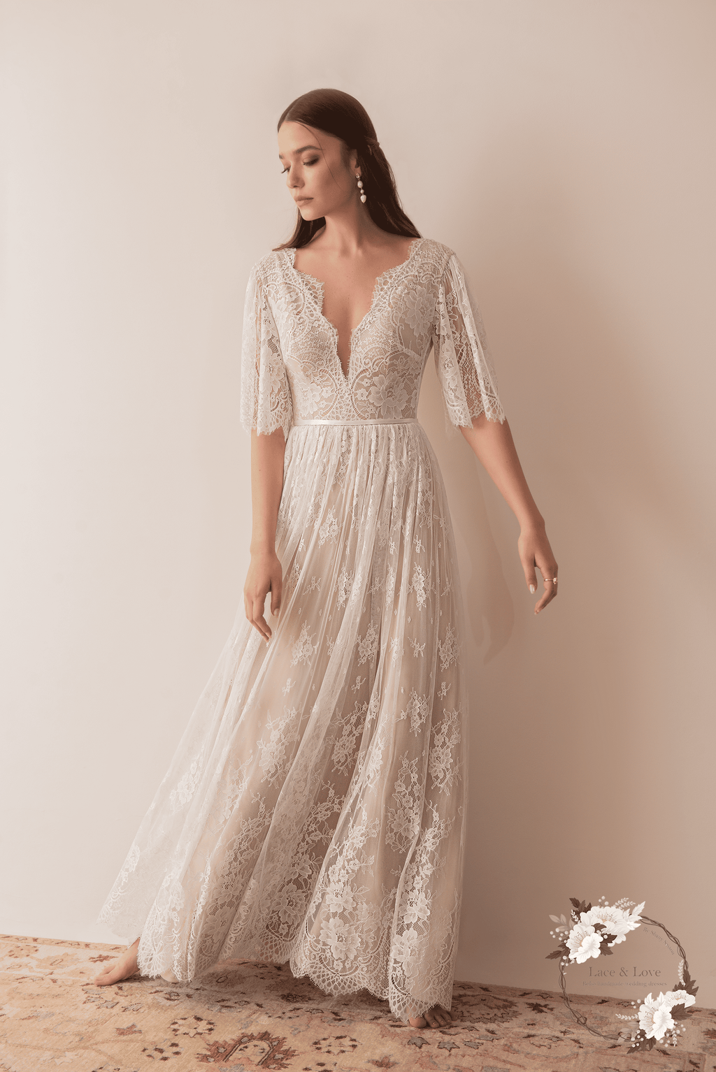 Grace Gown, vintage lace short sleeve boho wedding dress by Lace & Love - view 3