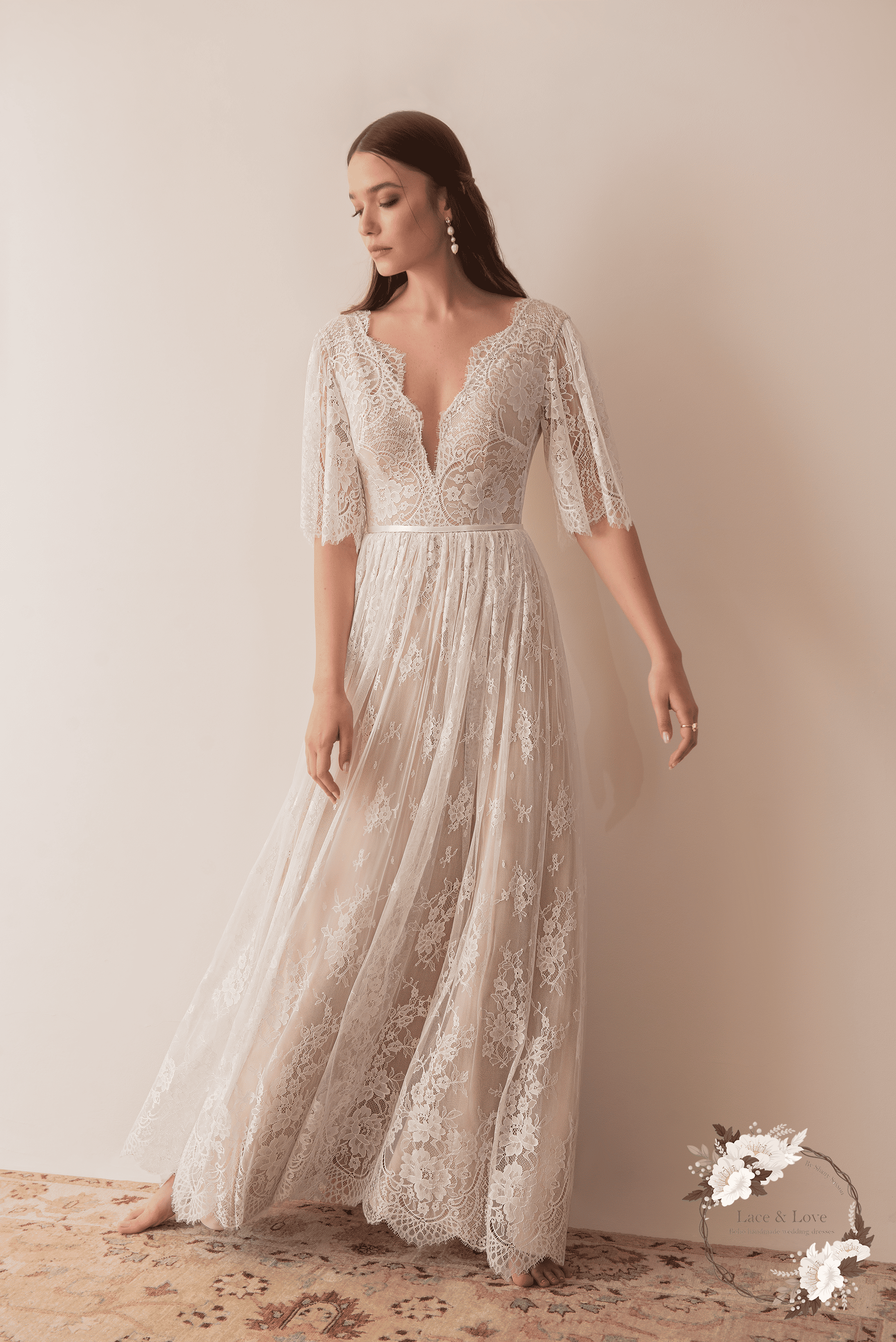 Grace Gown, vintage lace short sleeve boho wedding dress by Lace & Love - view 3
