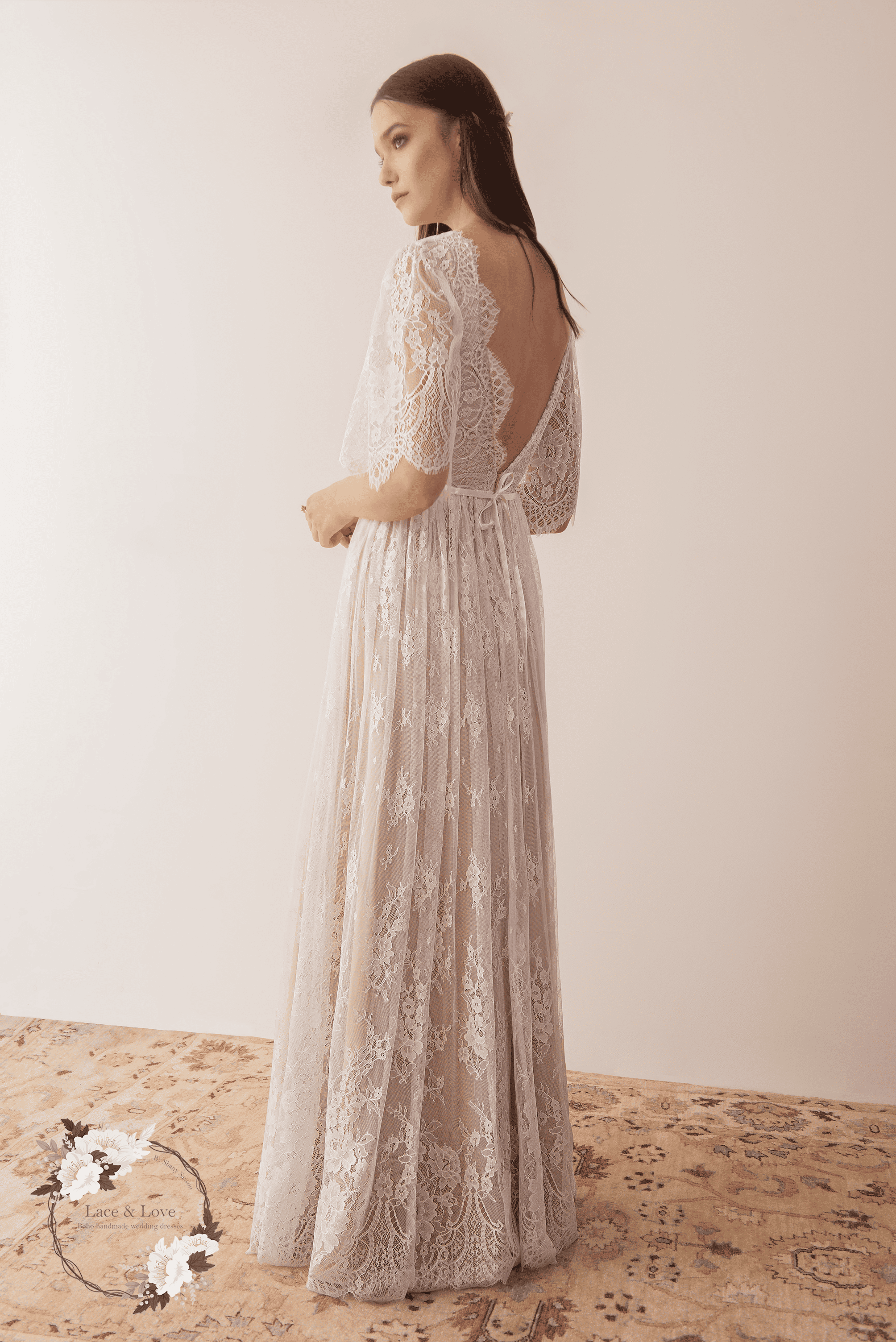 Grace Gown, vintage lace short sleeve boho wedding dress by Lace & Love - view 4