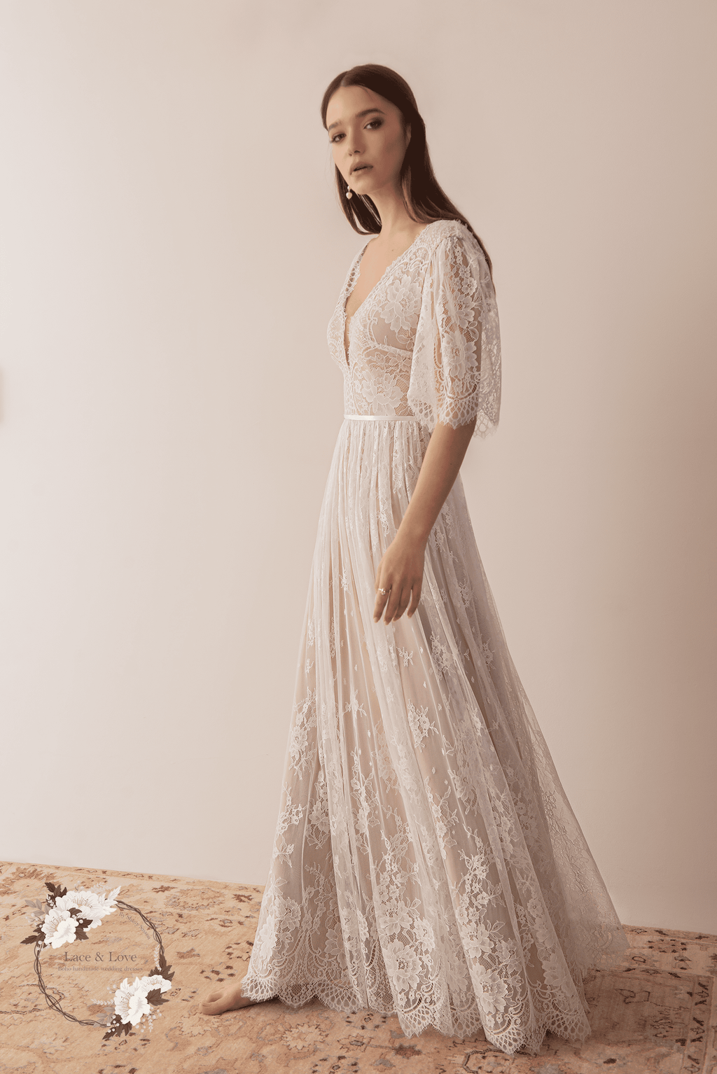 Grace Gown, vintage lace short sleeve boho wedding dress by Lace & Love - view 5