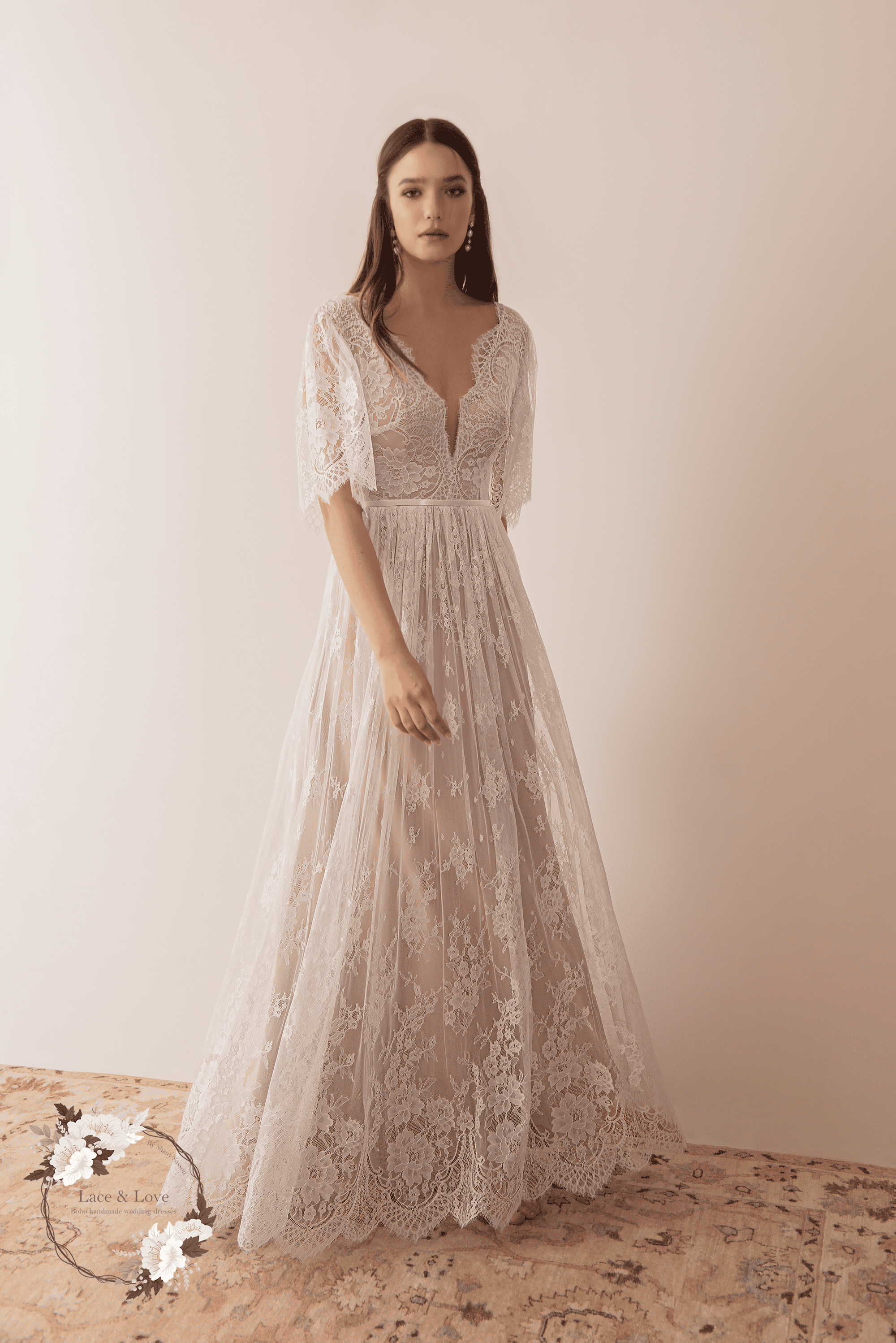 bohemian wedding dress with sleeves KissProm Long Dresses Illusion V Neck Back, Diamond White / 18 or under the stars Boho Lace Wedding Dress With