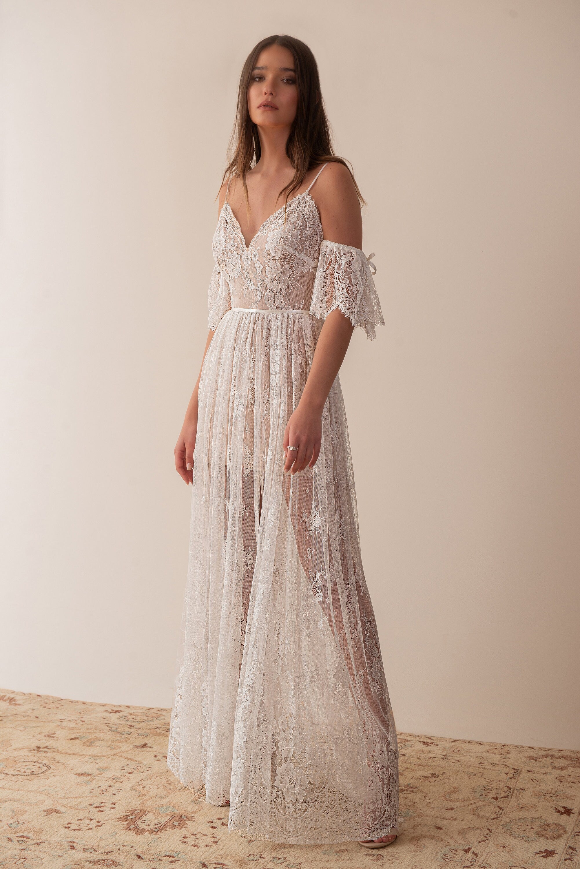 Iris Gown — short sleeve vintage lace boho wedding dress, made to measure by Lace & Love (view 3)