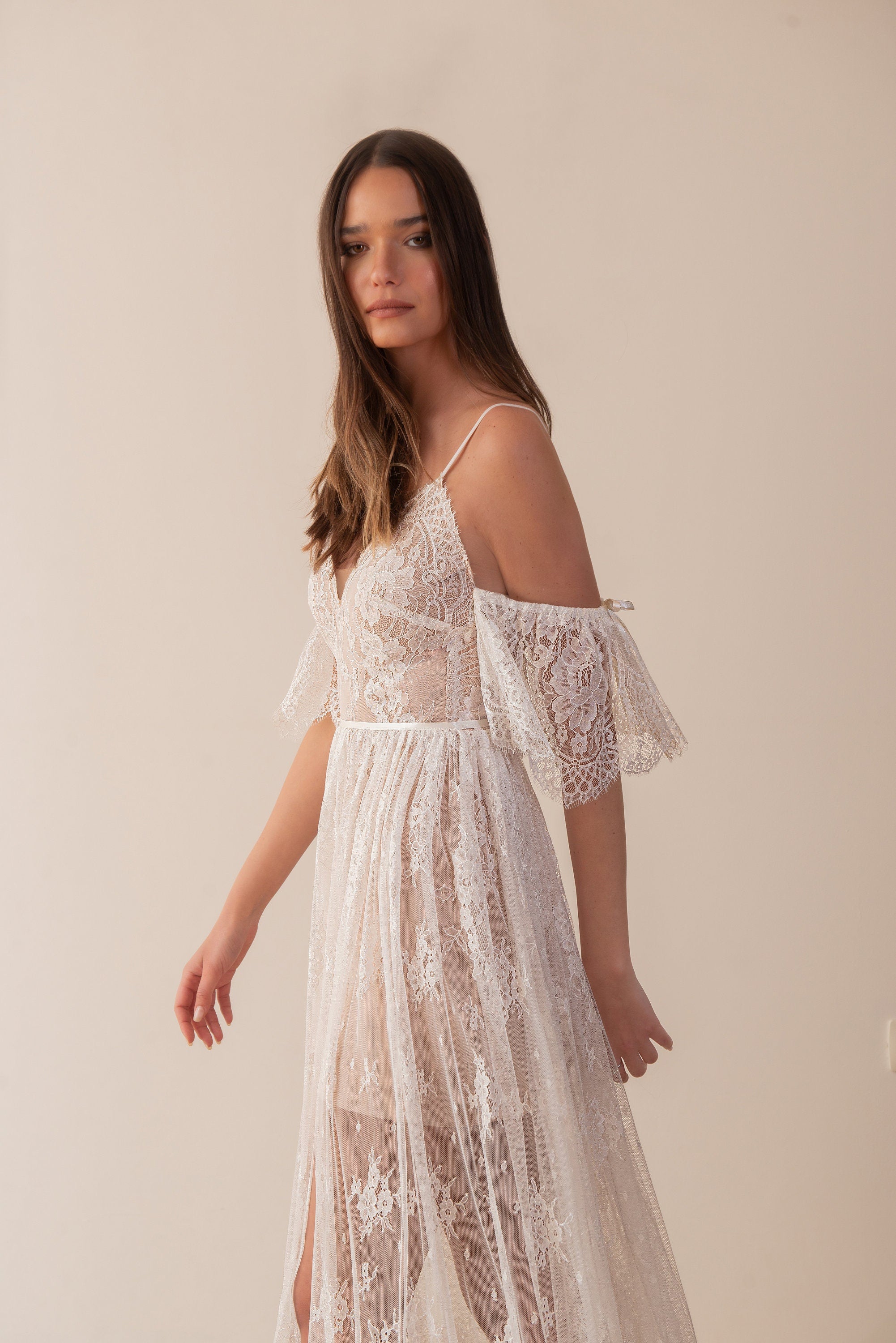 Iris Gown — short sleeve vintage lace boho wedding dress, made to measure by Lace & Love (view 4)