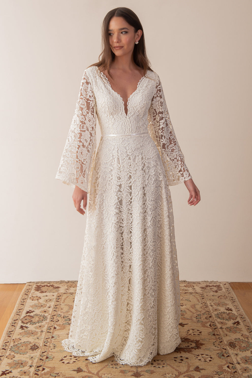 Pearl Gown — flutter sleeve vintage lace boho wedding dress, made to measure by Lace & Love (view 4)
