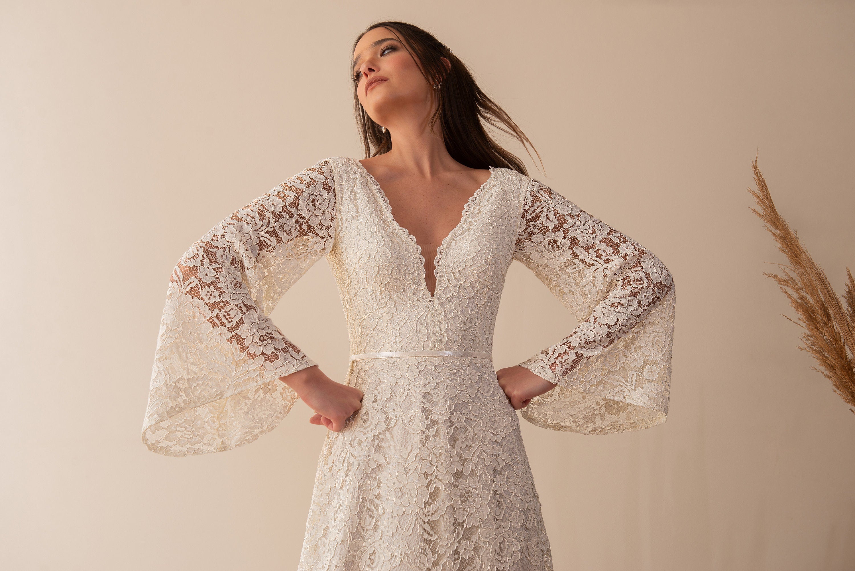 Pearl Gown — flutter sleeve vintage lace boho wedding dress, made to measure by Lace & Love (view 5)